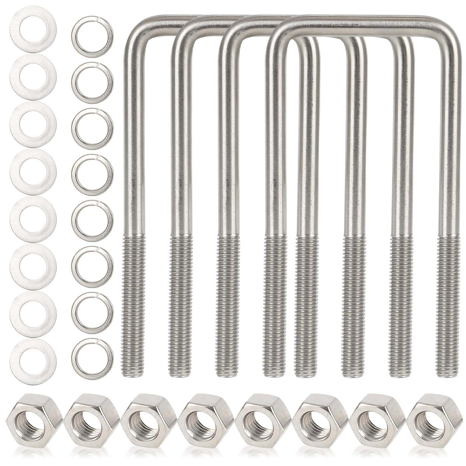 4 Pcs 304 Stainless Steel U Bolts with Washers Nuts, Square U Bolts Thread Size, for Sailboat Automobiles Industrial Parts