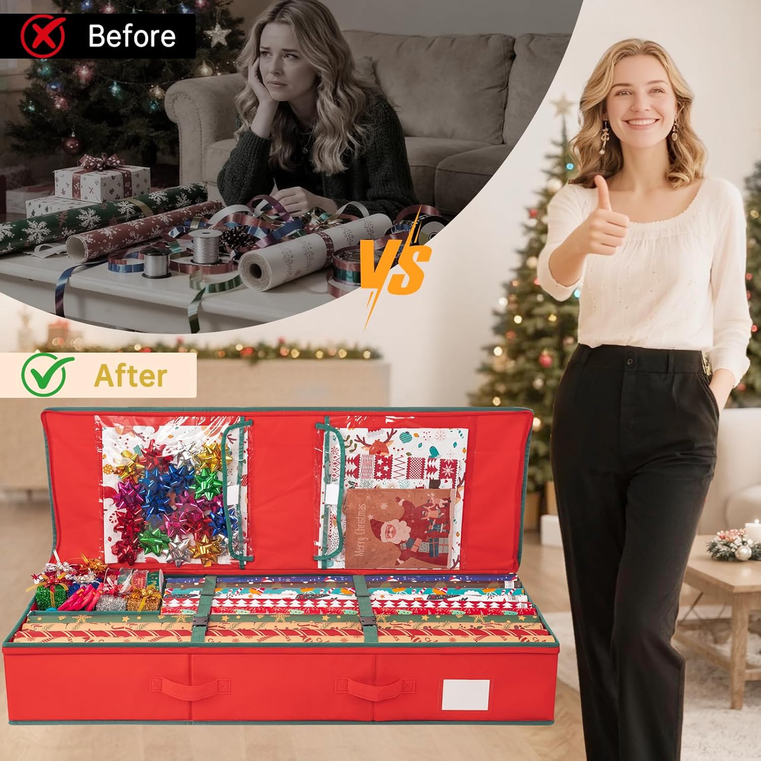 Criusia Gift Wrapping Paper Organizer Storage, Durable Underbed Storage Container Fits 24 Rolls, with Removable Dividers and Pockets for Ribbon, Ornaments, Holiday Accessories, Red
