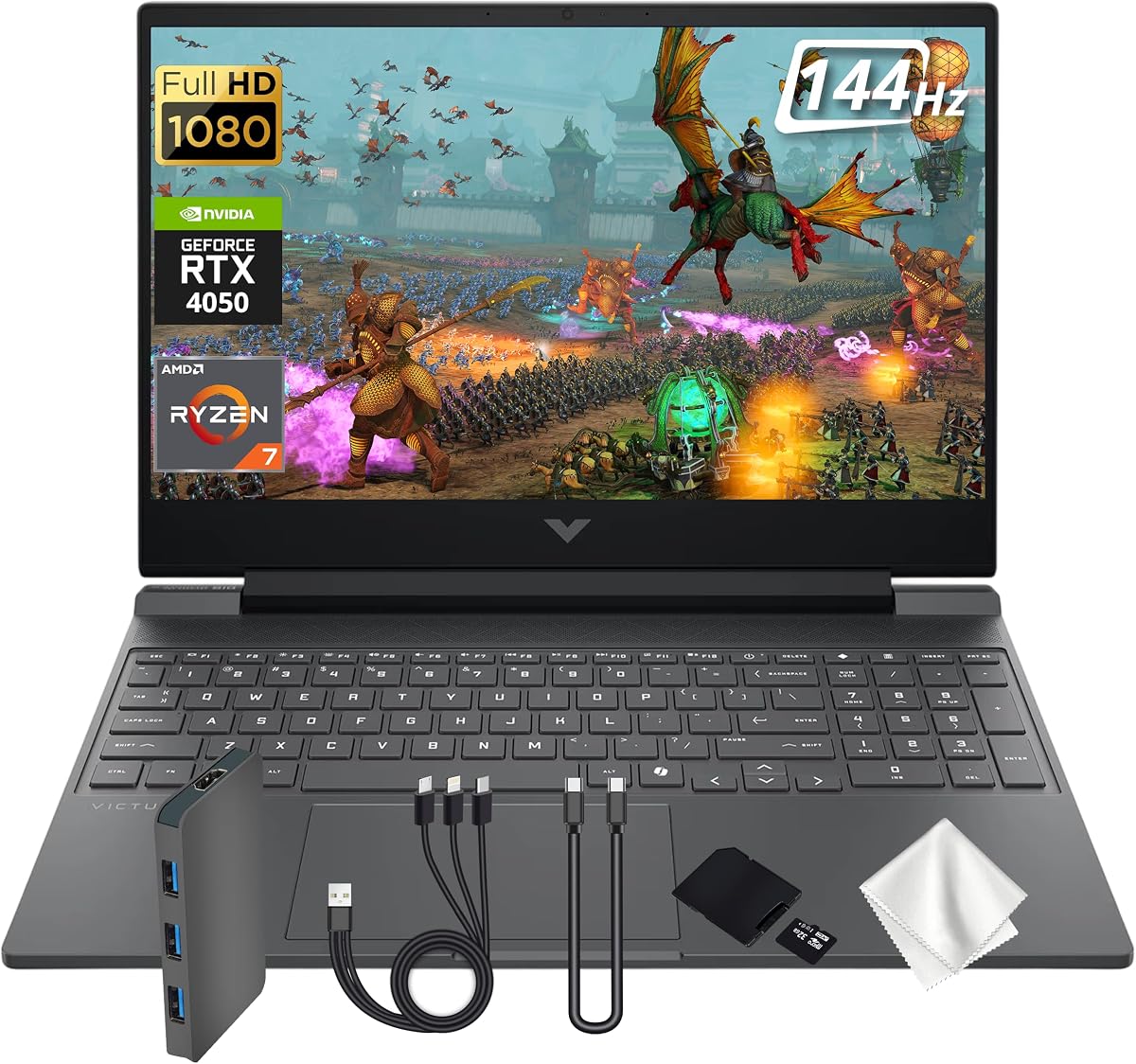 HP Victus 15 Gaming Laptop, AMD Ryzen 7 7445HS, GeForce RTX 4050, 16GB DDR5, 512GB PCIe SSD, 15.6" FHD 144Hz Display, Backlit Keyboard, Copilot, Fast Charge, Win 11, Silver, 1TB Docking Station Set