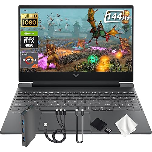 HP Victus 15 Gaming Laptop, AMD Ryzen 7 7445HS, GeForce RTX 4050, 64GB DDR5, 2TB PCIe SSD, 15.6" FHD 144Hz Display, Backlit Keyboard, Copilot, Fast Charge, Win 11, Silver, 1TB Docking Station Set