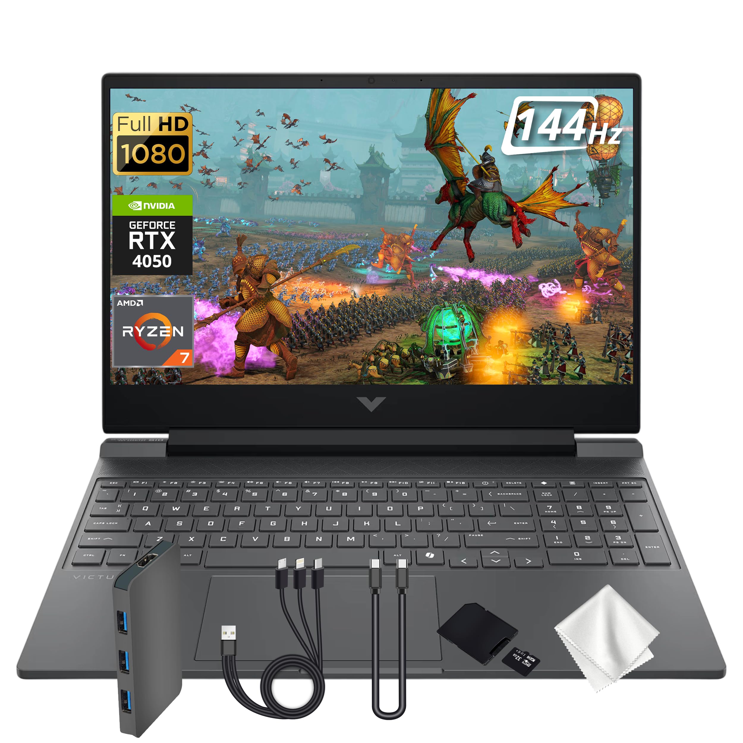 Victus 15 Gaming Laptop, AMD Ryzen 7 7445HS, GeForce RTX 4050, 16GB DDR5, 512GB PCIe SSD, 15.6" FHD 144Hz Display, Backlit Keyboard, Copilot, Fast Charge, Win 11, Silver, 1TB Docking Station Set