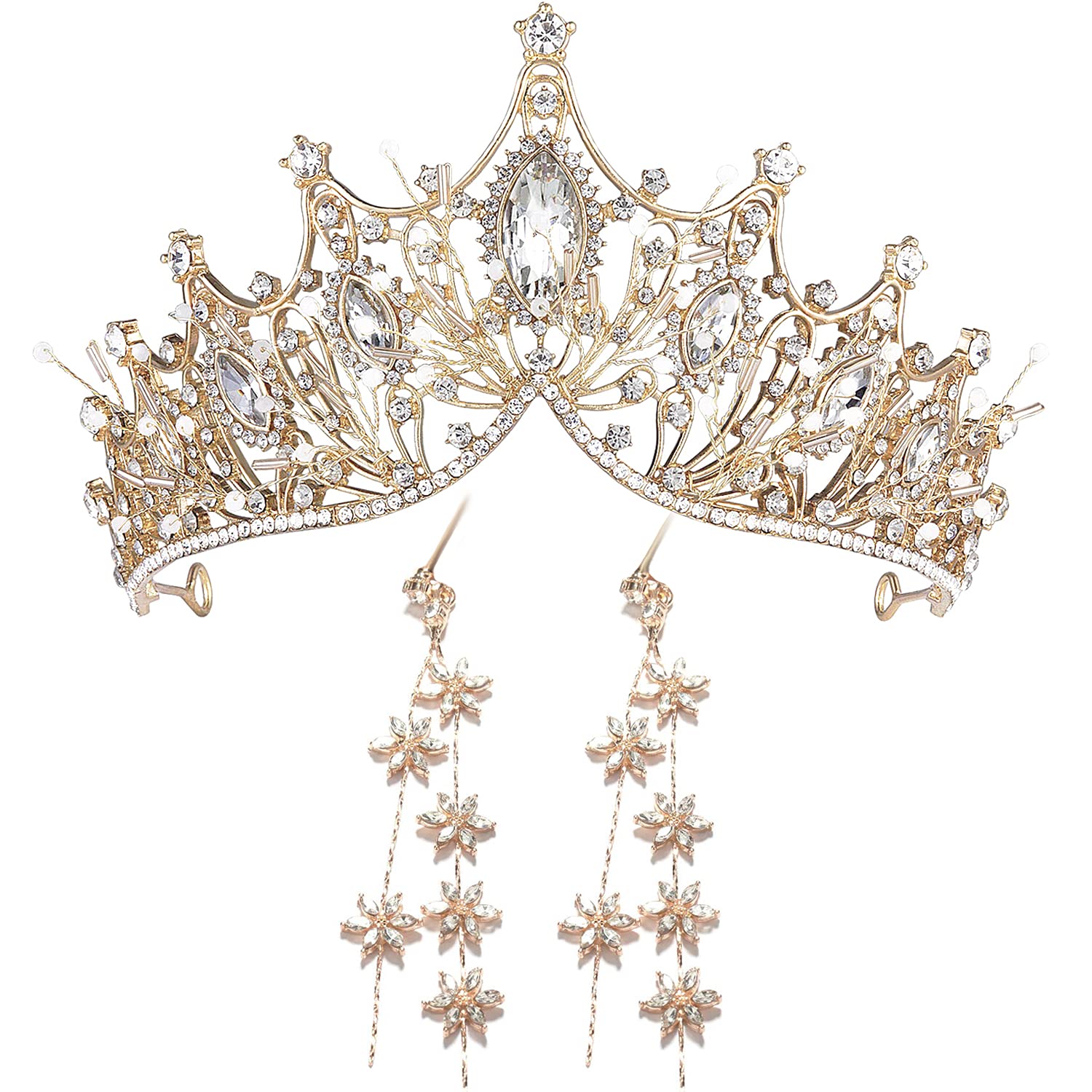 MOONIGHT Corona de boda para novia con diamantes de imitación para mujer, corona de graduación, reina, concurso, corona de boda, hecha a mano, accesorios para el pelo(corona de oro+pendientes)