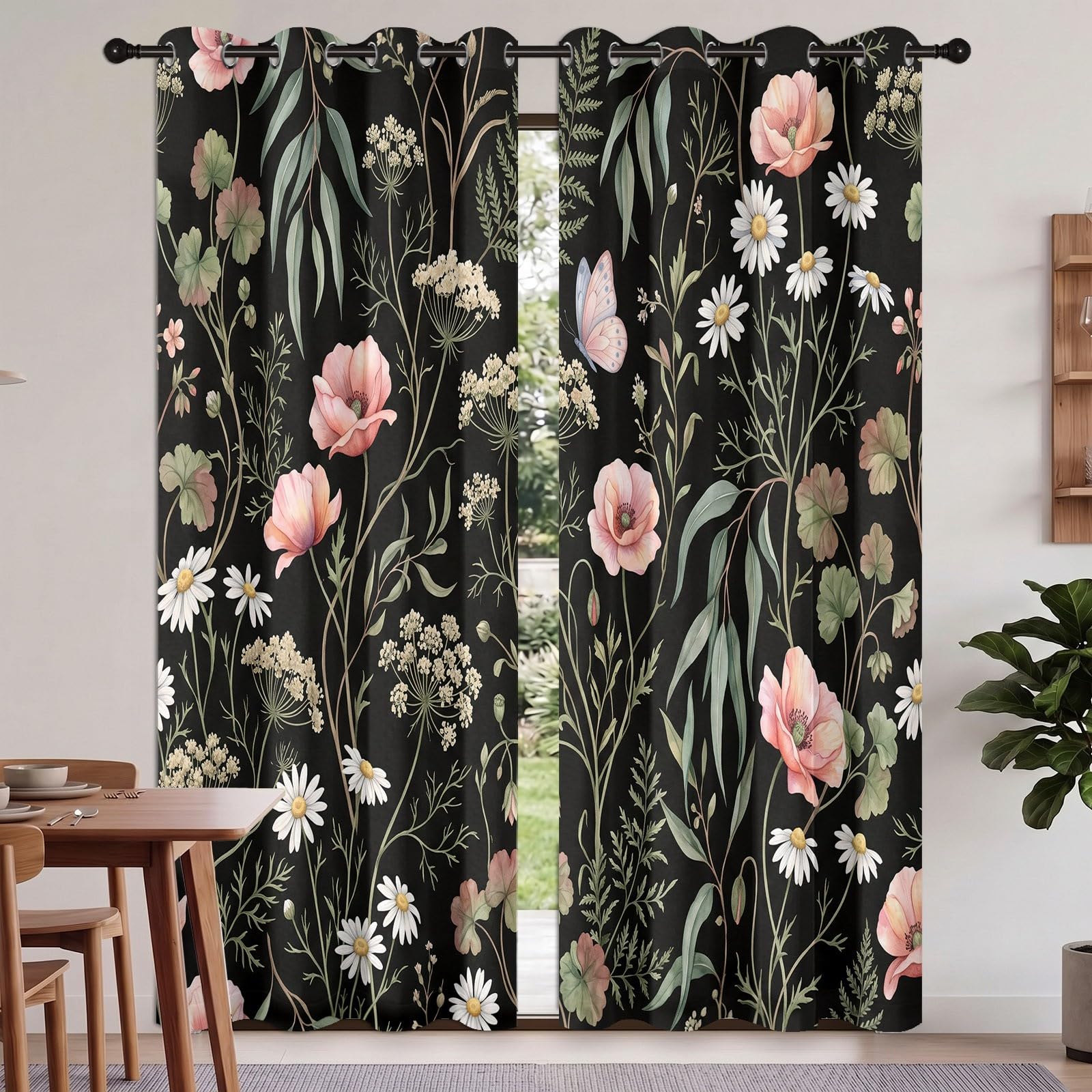 Schwarz Natürlich Landhausstil Vorhänge, Mohnblumen Gänseblümchen Eukalyptusblätter Geranien Wärmeisolierte Raumverdunkelnde Vorhänge, Energieeffiziente Ösen Vorhang für Wohnzimmer, H245 x B100 cm