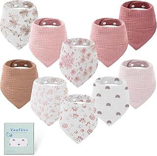 Yoofoss Muslin Baby Bibs 10 Pack 100% Organic Cotton 6-Layer Soft Absorbent Drool Bandana Baby Bibs for Drooling and Teething for Boys and Girls, Pink Flower