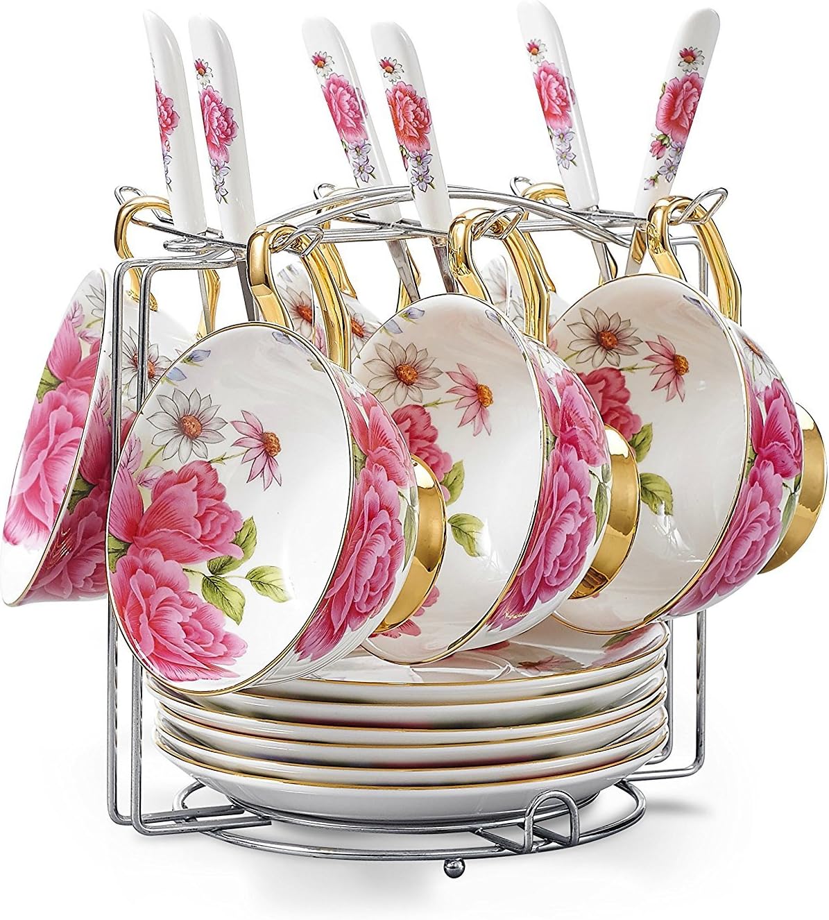 TouchLife Set of 6 Bone China Tea Cup Coffee Cup Set with Saucer,Pink Rose,White and Pink,with bracket