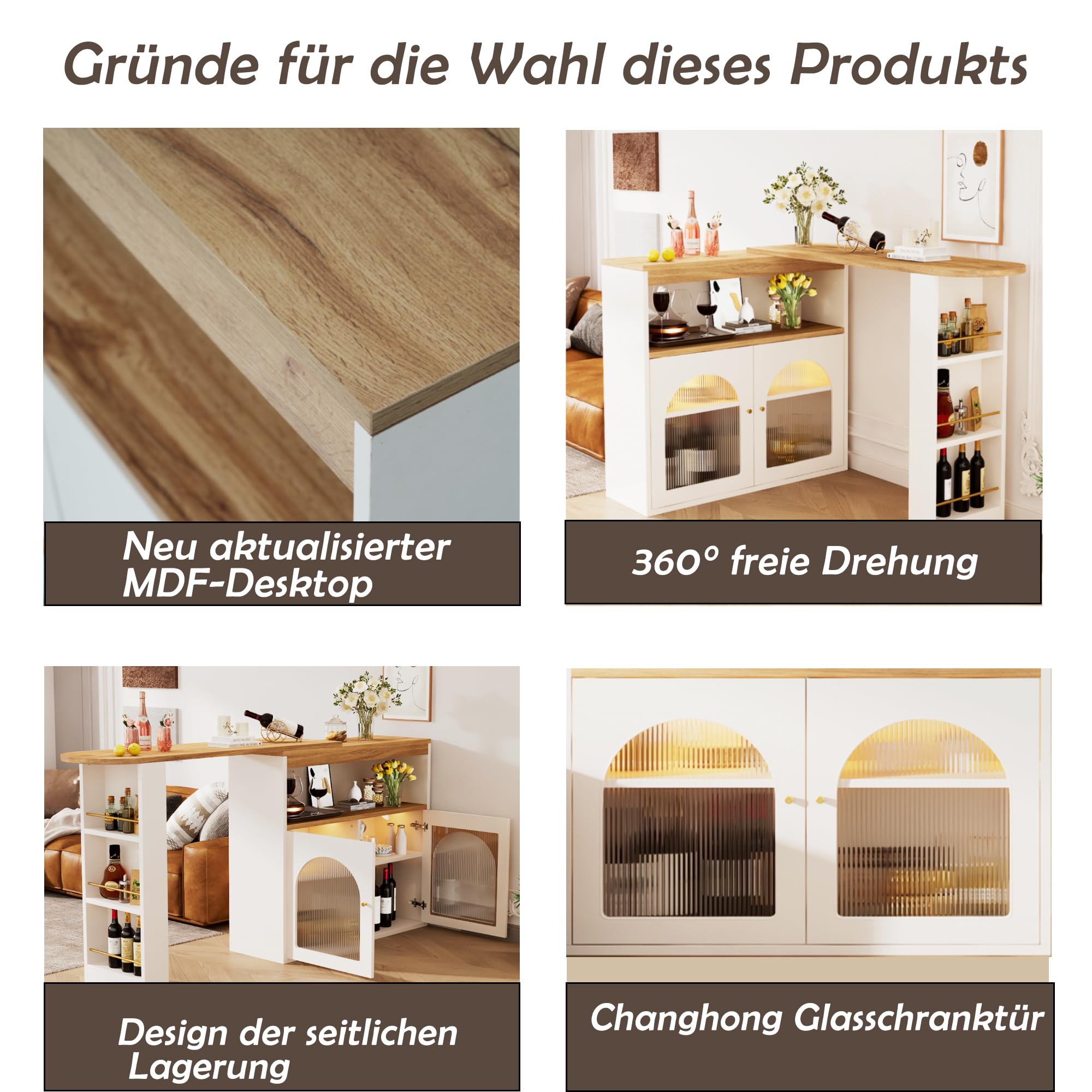 Merax Bartisch Ausziehbarer, 360° drehbarer Stehtisch mit 2 Glastür, Offenes Staufach, 3 Ablagen, moderner Bistrotisch Küchentisch Kücheninsel mit LED-Licht, für Bar Küche Wohnzimmer Esszimmer, Weiß