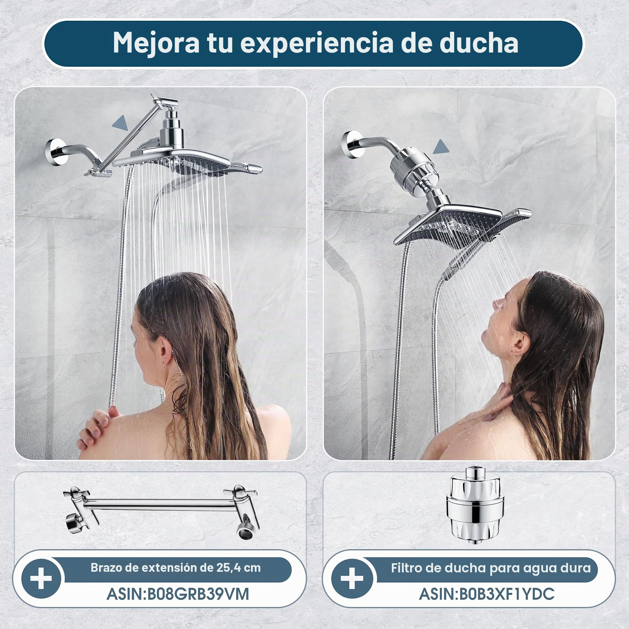 BRIGHT SHOWERS Juego combinado de cabezal de ducha doble, cabezal de ducha de mano con cara negra, manguera de ducha de acero inoxidable de 60 pulgadas de largo, cromado
