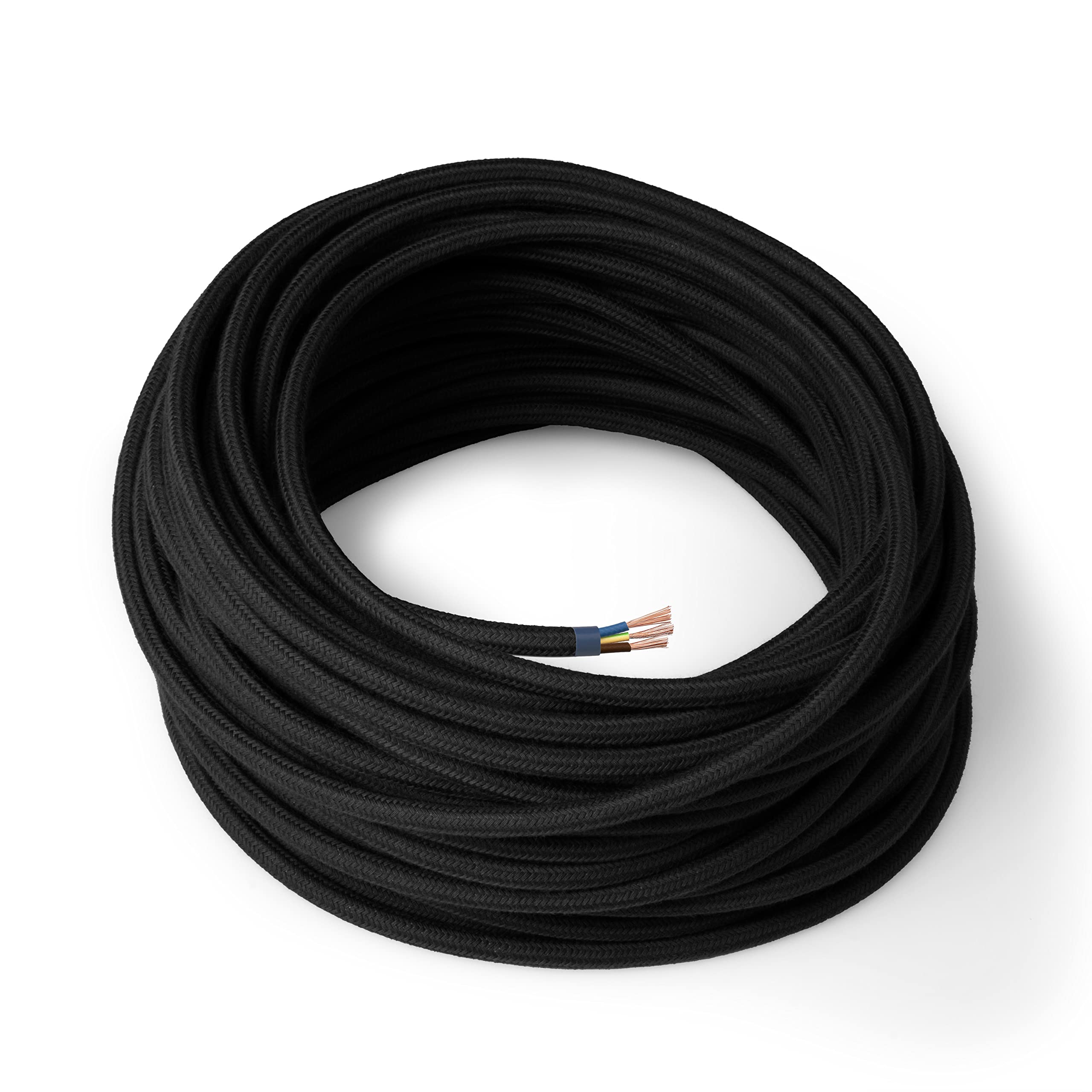 Amarcords - Cable de tela color NEGRO, redondo, algodón, 20 metros, con tierra 3x0,75 - Hilo eléctrico textil de color estilo clásico para lámparas bricolaje y iluminación vintage.