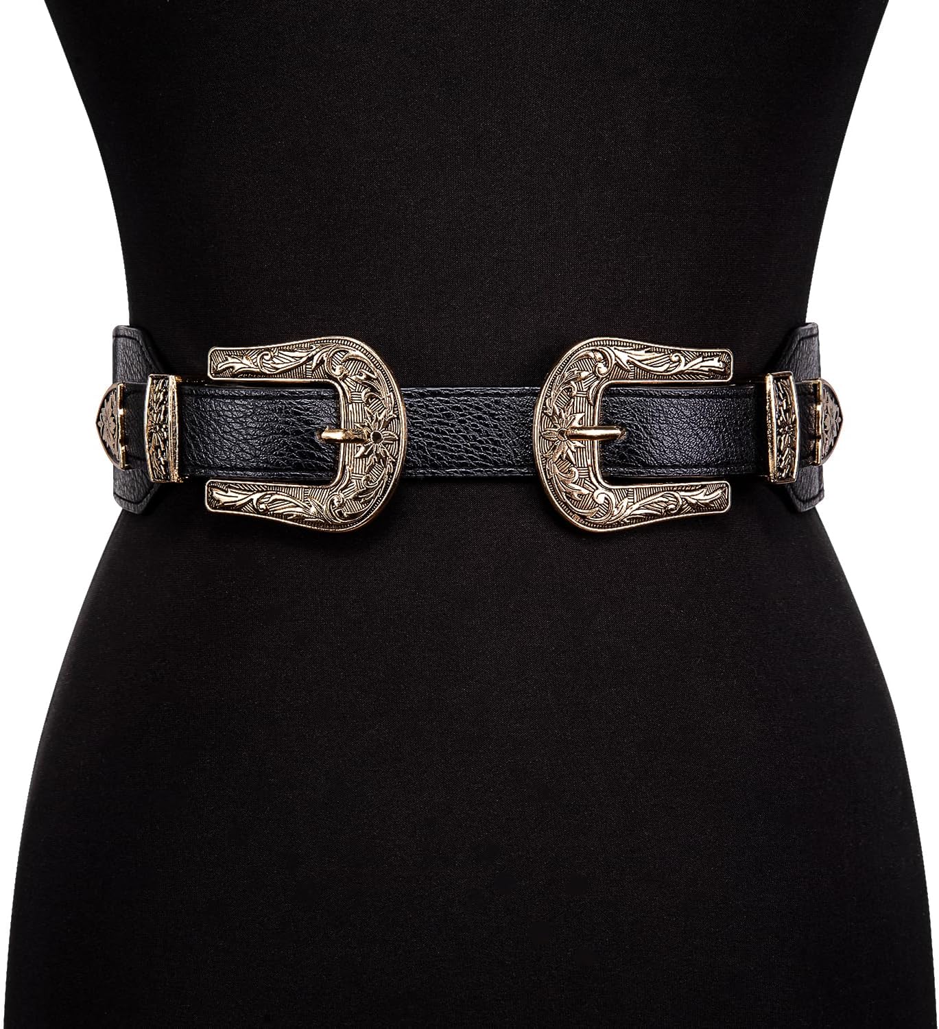 Barry.Wang Women Double Western Belt Vintage Leather Gold Belt Buckle