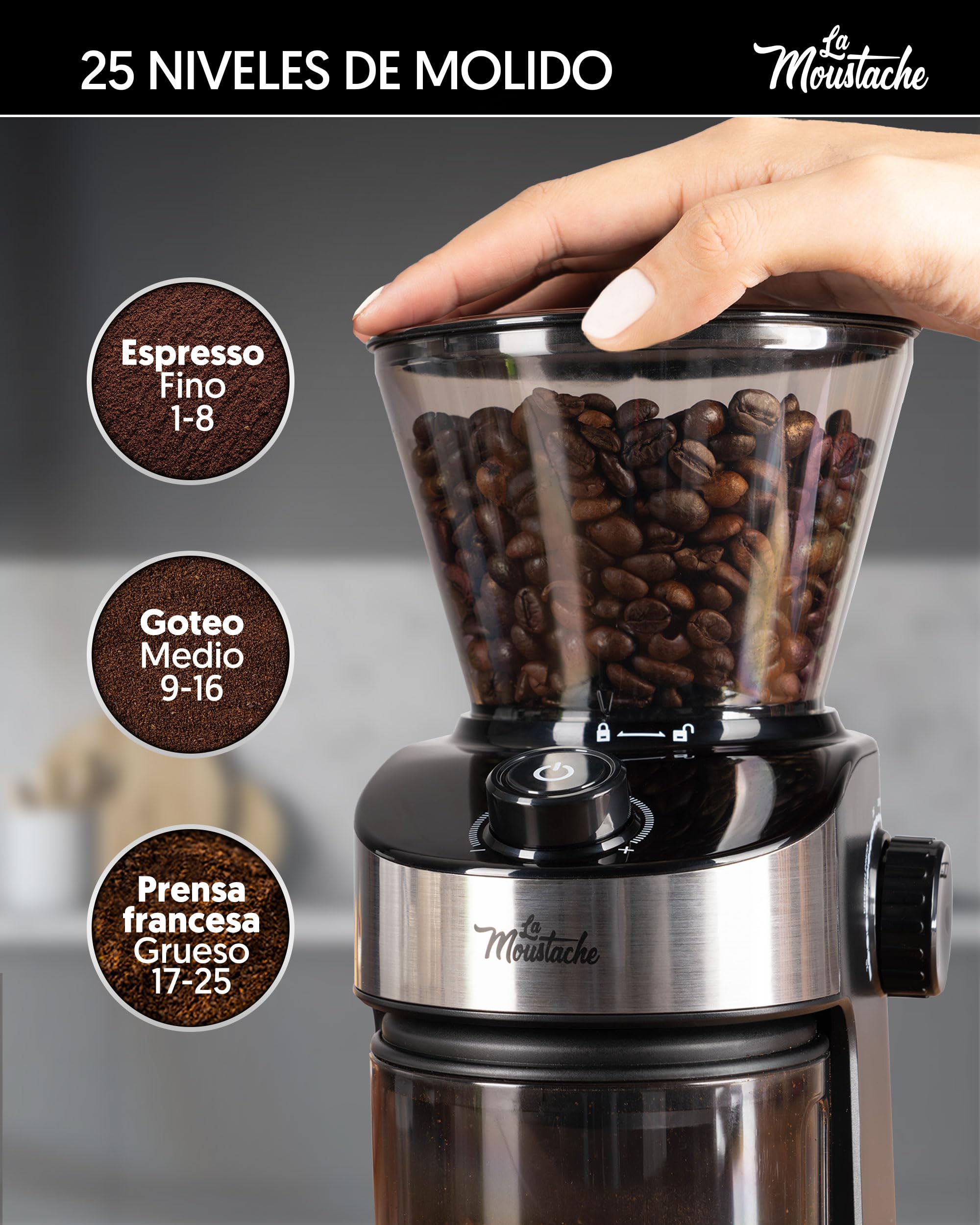 La Moustache - Molinillo de Café Eléctrico 200W con Mecanismo Plano de Acero Inoxidable 190g | 25 Grados de Molido【Bajo Ruido】Contenedor Transparente, Temporizador y Cepillo (GrindMaster Black)
