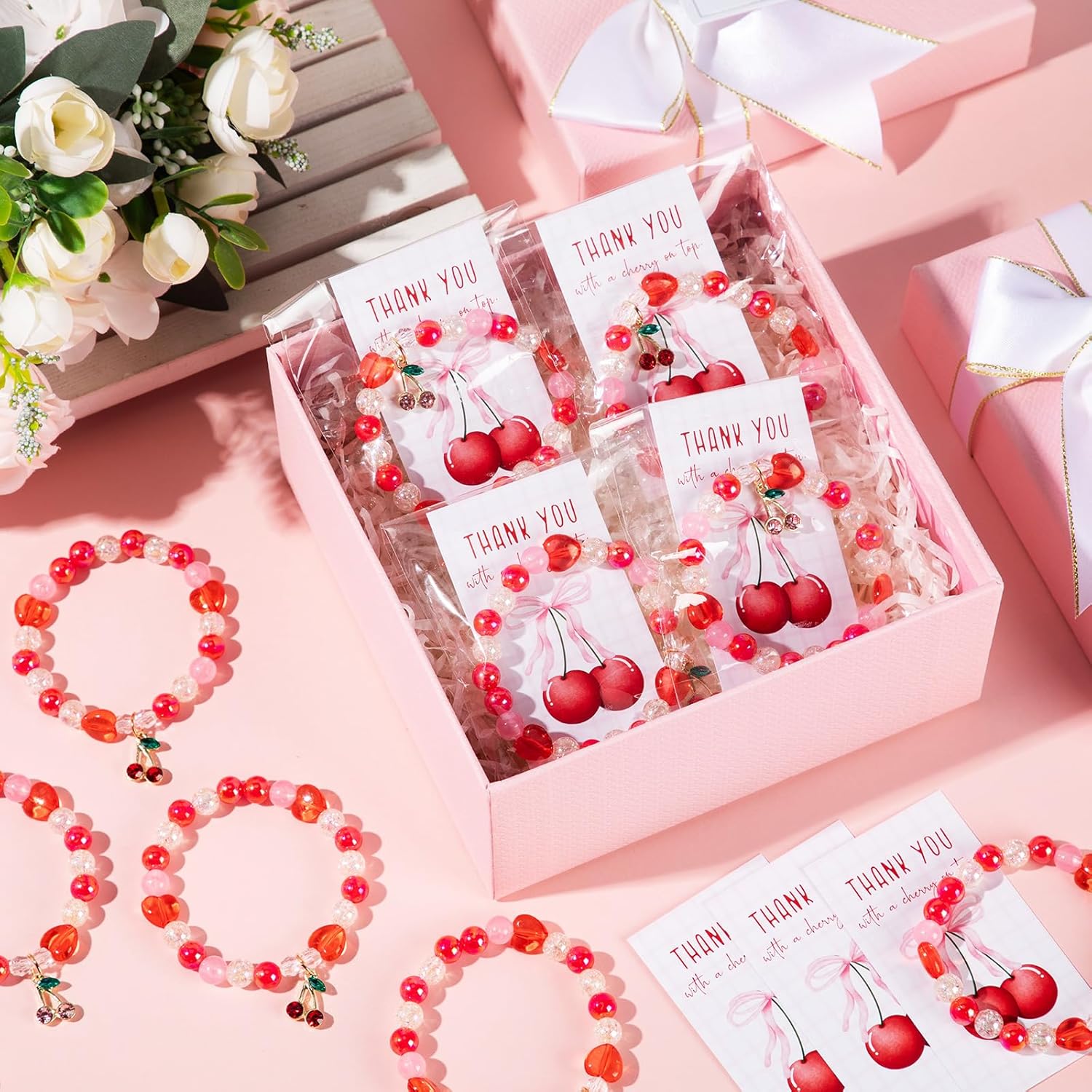 Quelay 25 Sets Cherry Bracelets Gift with Thank You Cards Bulk Cherry Themed Party Decoration Bridal Shower Party Favor for Women Bridesmaids Birthday Friendship Jewelry (Cute, Pink, Red)