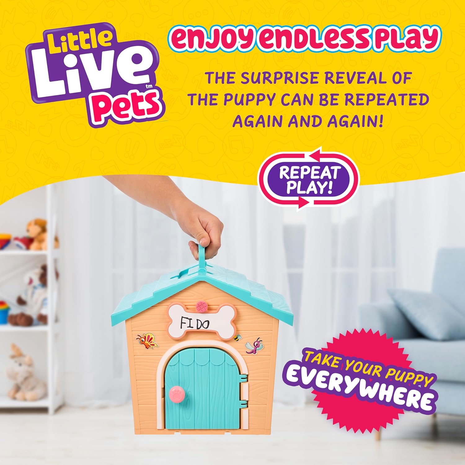 A child carrying the assembled Little Live Pets My Puppy's Home Mini Playset by its roof handle, demonstrating its portability.