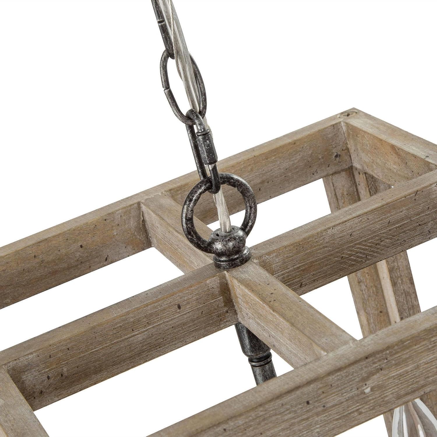 KSANA Wood Chandelier, Rustic Farmhouse 4-Light Square Hanging Pendant Fixture with Black Brushed Silver Accents and Open Frame for Dining Room, Foyer, Bedroom and Kitchen