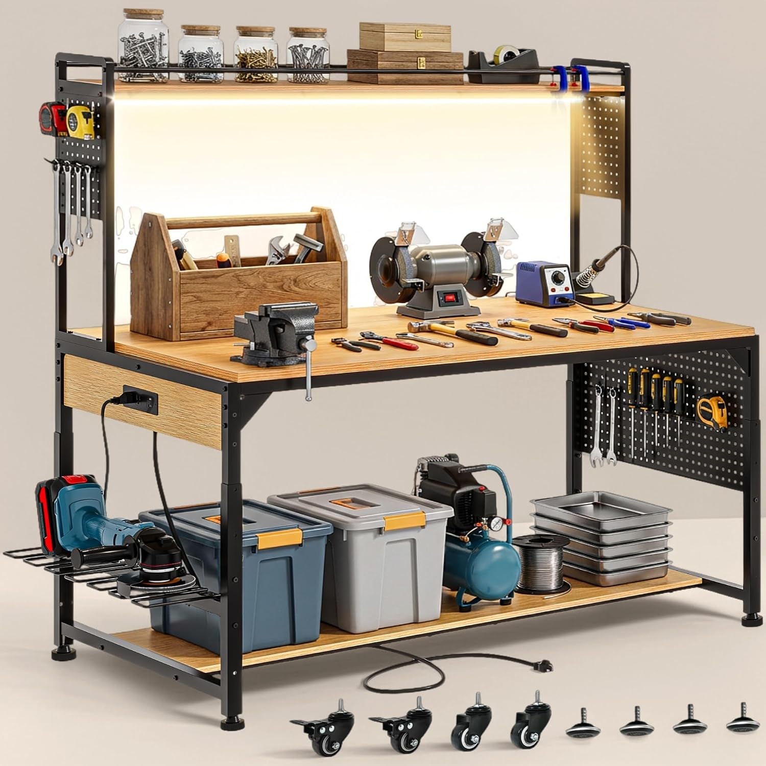 DWVO 59in Adjustable Rolling Workbench with Pegboard & LED Light 1100lb