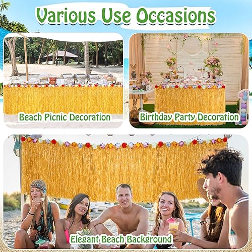 Miniatura 6 de Juexica Luau - Paquete de 12 faldas de mesa de hierba hawaiana de 9 x 30 pulgadas de hierba hawaiana de flores de hibisco, faldas hula para