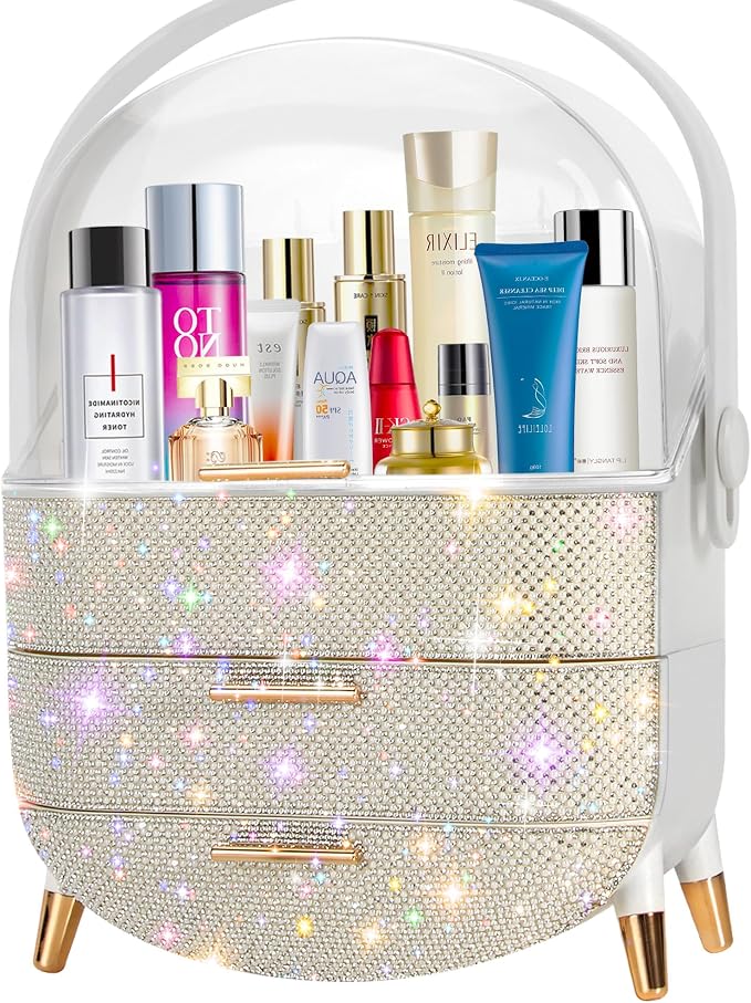 MASSY Egg Shape(Oval) Makeup Storage Box, Countertop Portable Vanity Cosmetics Organizer Preppy Style (Rhinestone White)