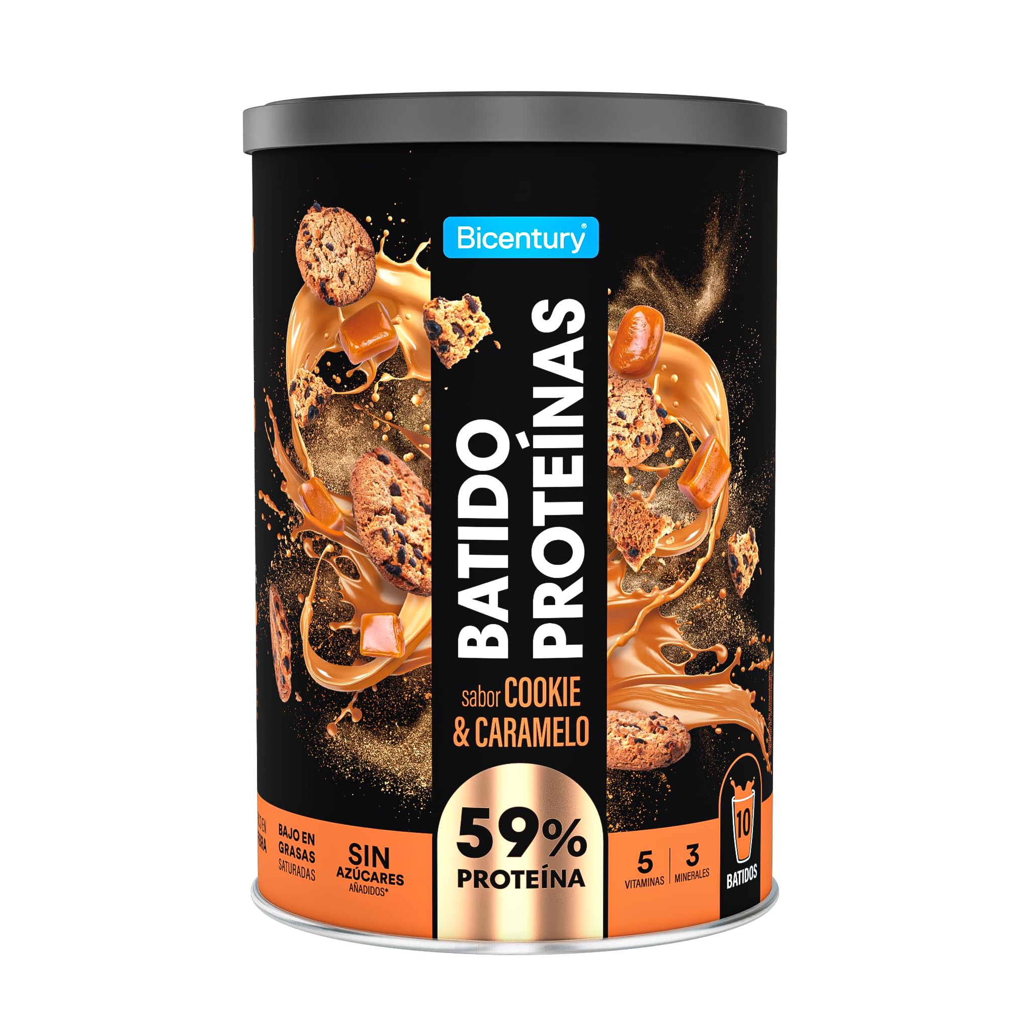 Bicentury Proteína en polvo Cookie & Caramelo, 20g de Proteína por porción, Sin Azúcares Añadidos, Bajo en Grasas, Ideal para recuperación muscular, 340 g, 10 raciones