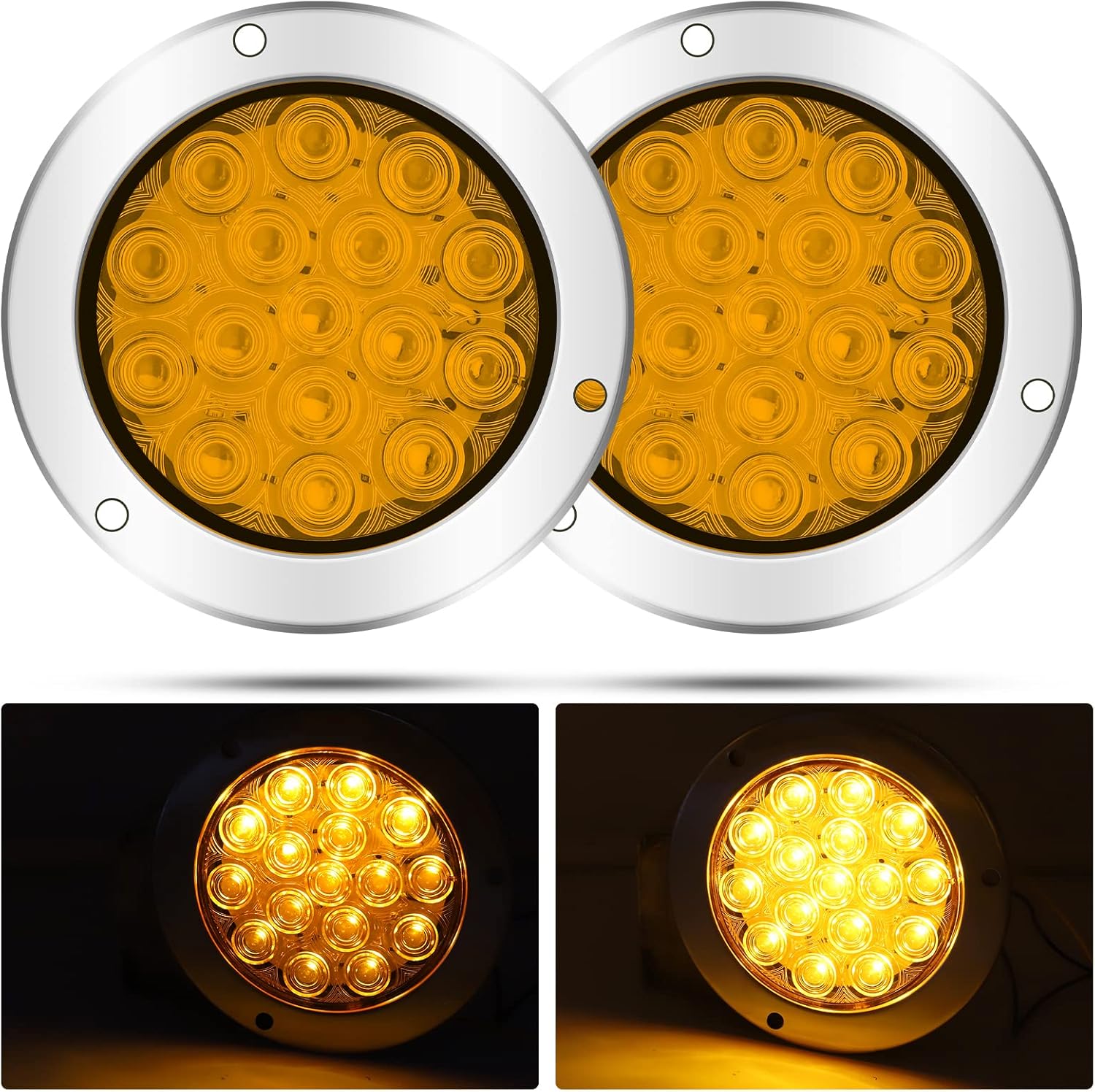 2PCS LED Trailer Tail Lights,16LEDs Round Flush Mount Brake Stop Light Running Reverse Light with Chrome for Trucks Trailer RV, IP67 Waterproof, White