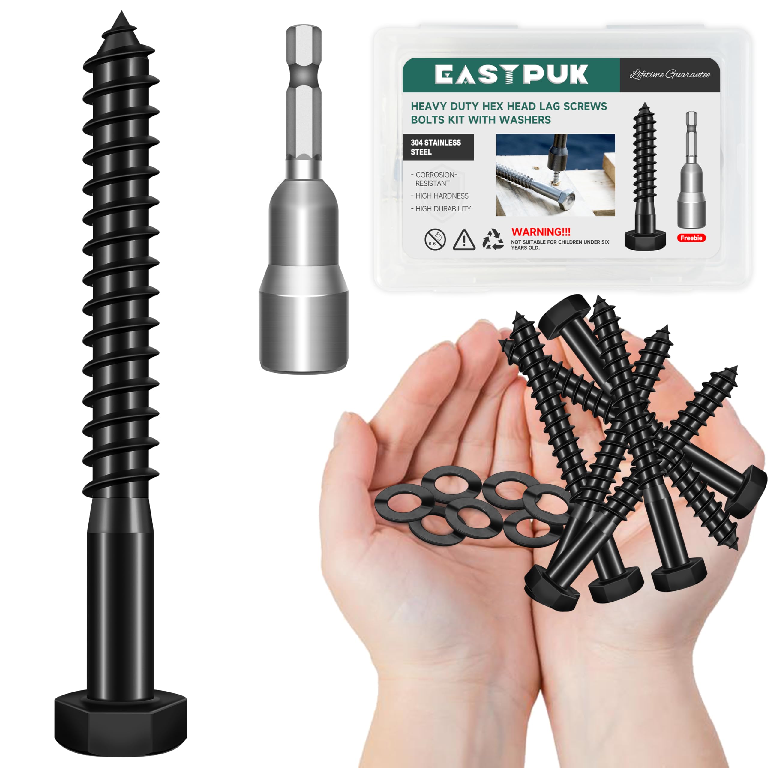 Photo 1 of EASTPUK (6Sets) 1/2" x 4" Hex Head Lag Bolts, Heavy Duty Lag Screws with Washers, 304 Stainless Steel, 1/2 Bolt for Wood, Partial Thread, Black Oxide