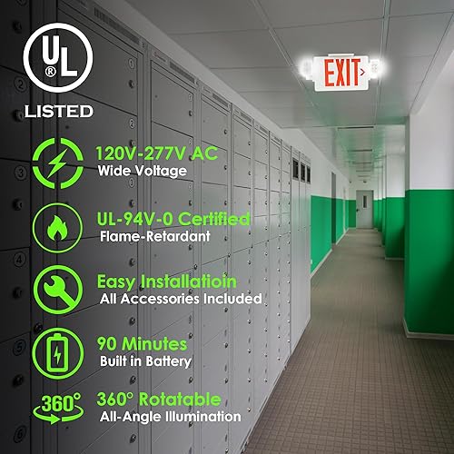 Miniatura 2 de Gruenlich Letrero de salida de emergencia combinado con 2 luces de cabeza ajustables y doble cara, baterías de respaldo, iluminación de salida de