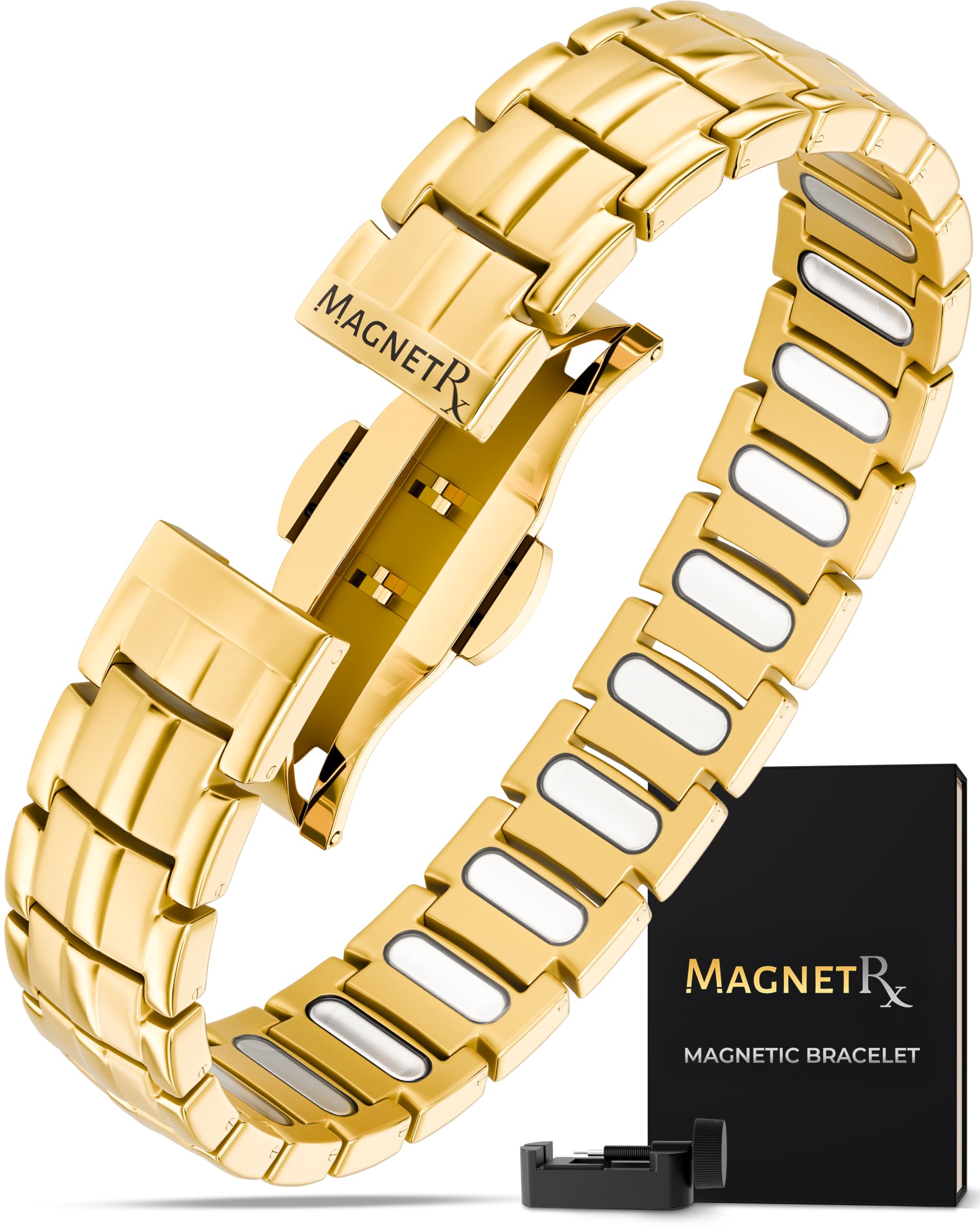 MagnetRX® Magnetic Bracelets for Men - EllipseMAX 5X Strength 5,000 Gauss Magnets - Designed in USA & Patent Pending - Premium Titanium Mens Magnetic Bracelet & Adjustable Length (Gold)