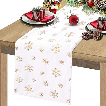 LuoluoHouse White Faux Fur Table Runner with Golden Sequin Snowflakes, Christmas Table Runners 48 inches Long Fluffy Furry Fur Table Runner for Home Holiday Super Soft Thick Luxury Table Decorations