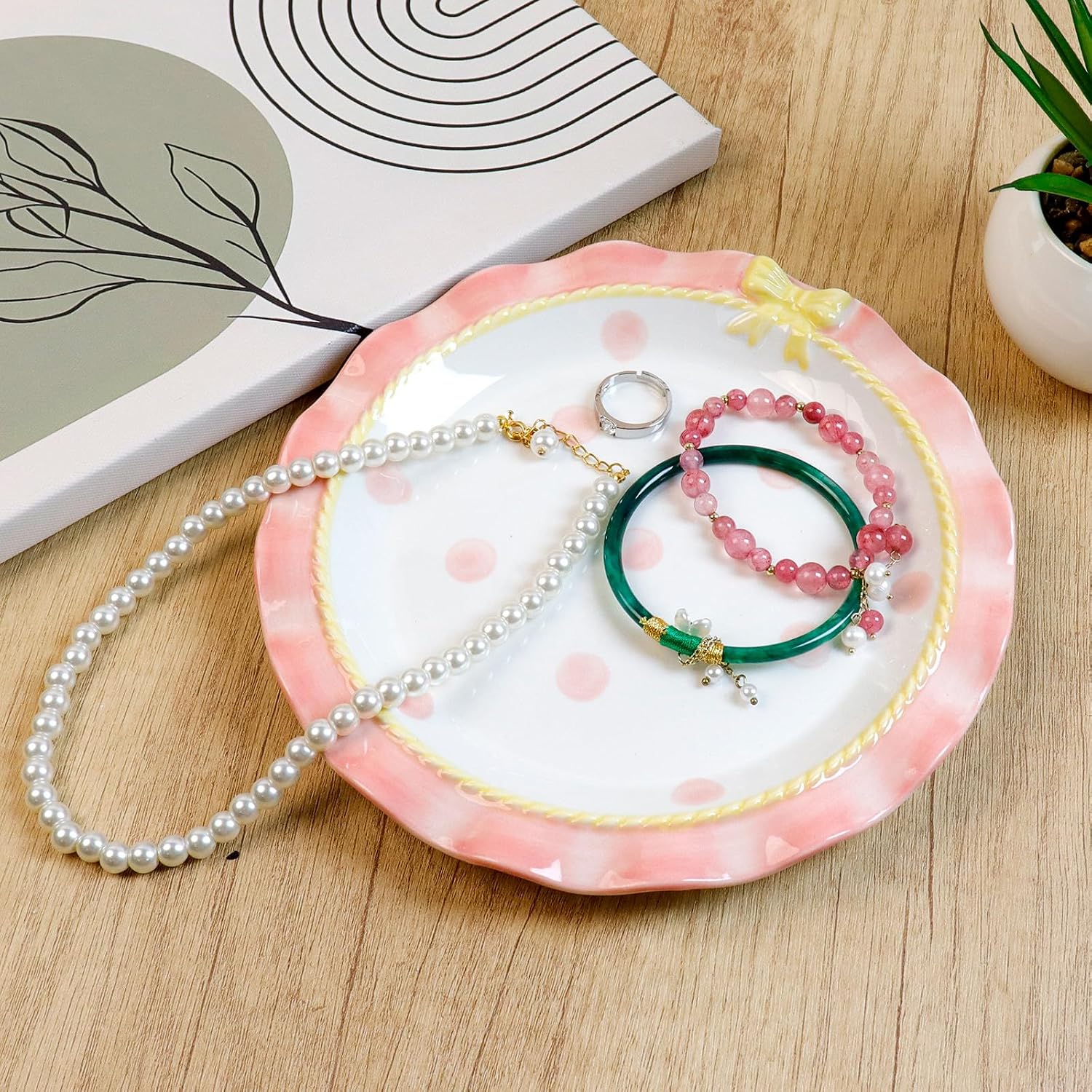 Bitray Cute Ceramic Plate Pink Dot Lovely Wavy Lace Ceramic Plate with Bow Porcelain Dessert Plate (Pink-8 Inch)