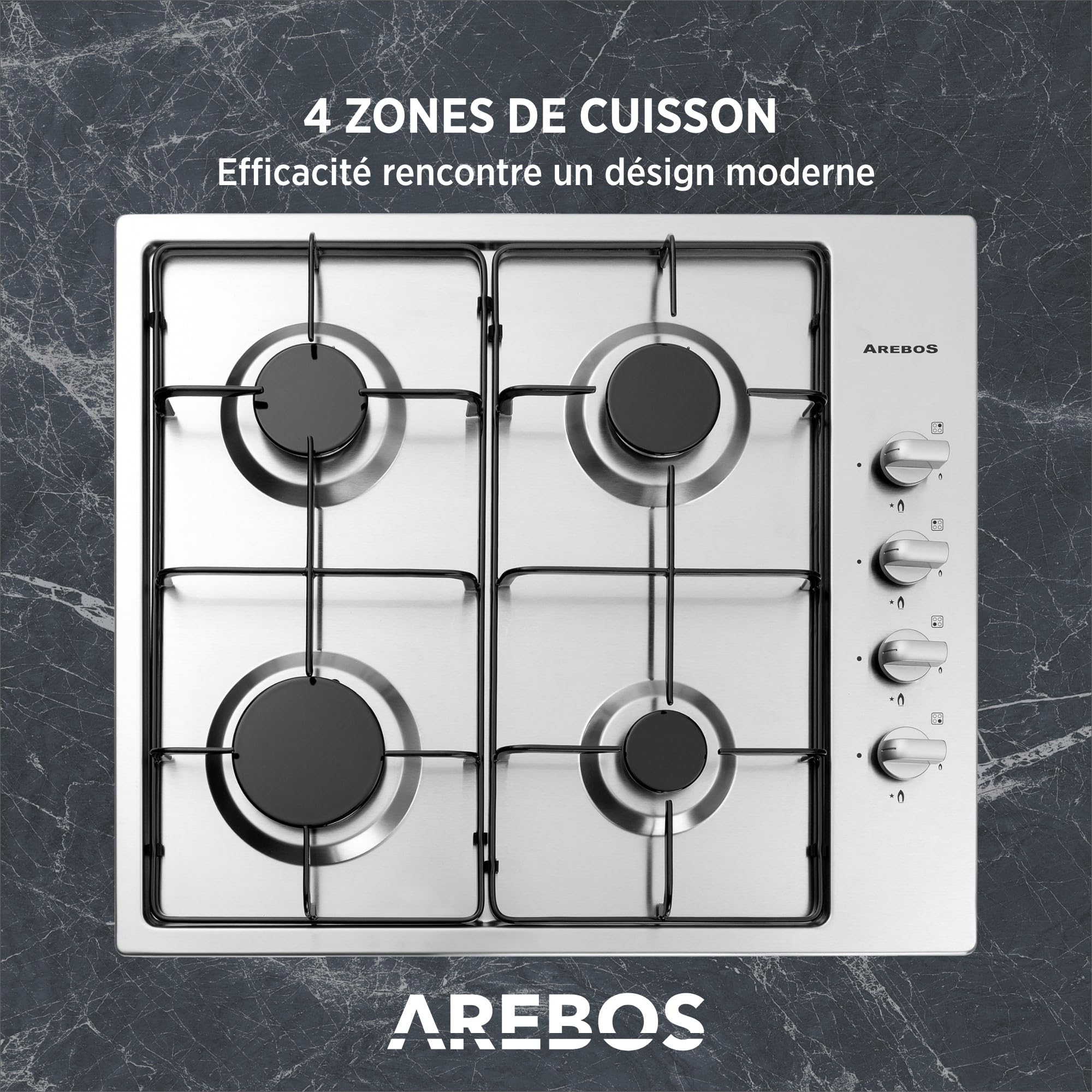 Arebos Table de cuisson à gaz 4 feux | 58 cm Cuisinière à gaz en acier inoxydable avec protection automatique contre les flammes | Gaz naturel ou propane