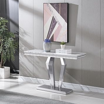White Marble Console Table Entryway Table, Narrow Console Table with Silver Stainless Steel Base, Mid Century Modern Console Table for Living Room Entryway, Accent Sofa Side Table Behind Couch