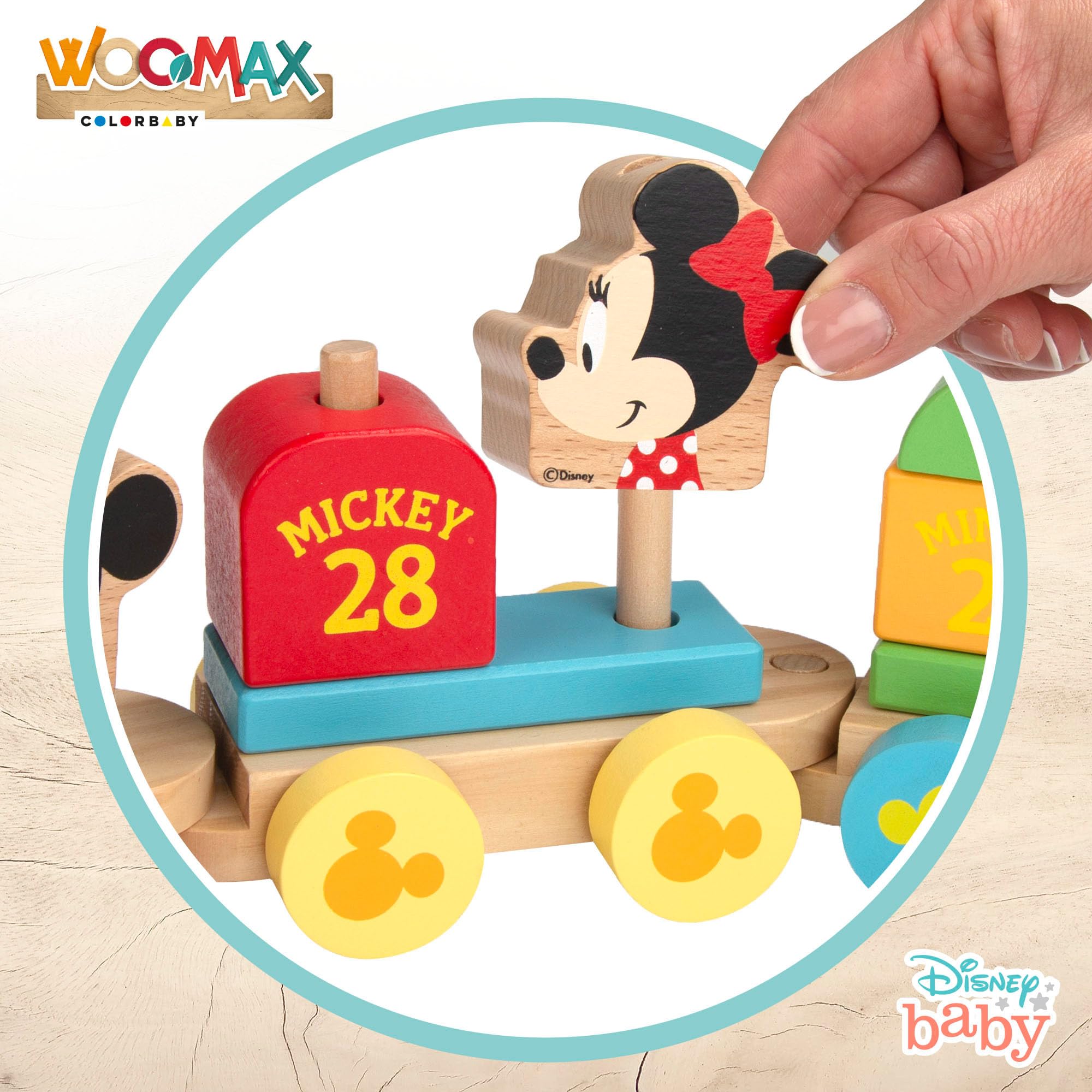 WOOMAX Disney Mickey Mouse, Juguete Tren Madera, Formas Encajables, Juguetes Niños 2 Años, Bebe 18 Meses, Educativos, Preescolar, Infantil, 48702