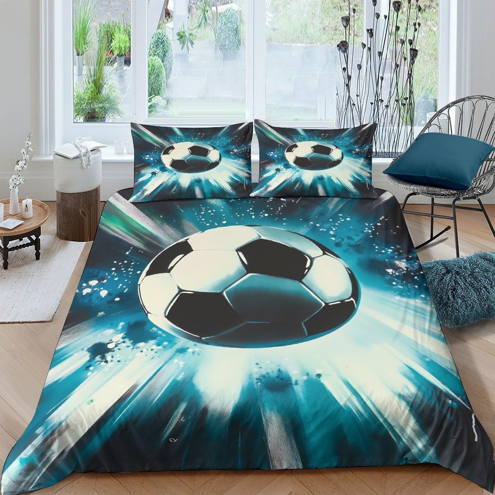 Ctjqhvkz Style-10 3D Printed Blue Football Fitted Sheet Microfiber Soft Anti-Slip Soccer Explosion Mattress Cover Bedroom Dorm Decor Single（135X200cm）