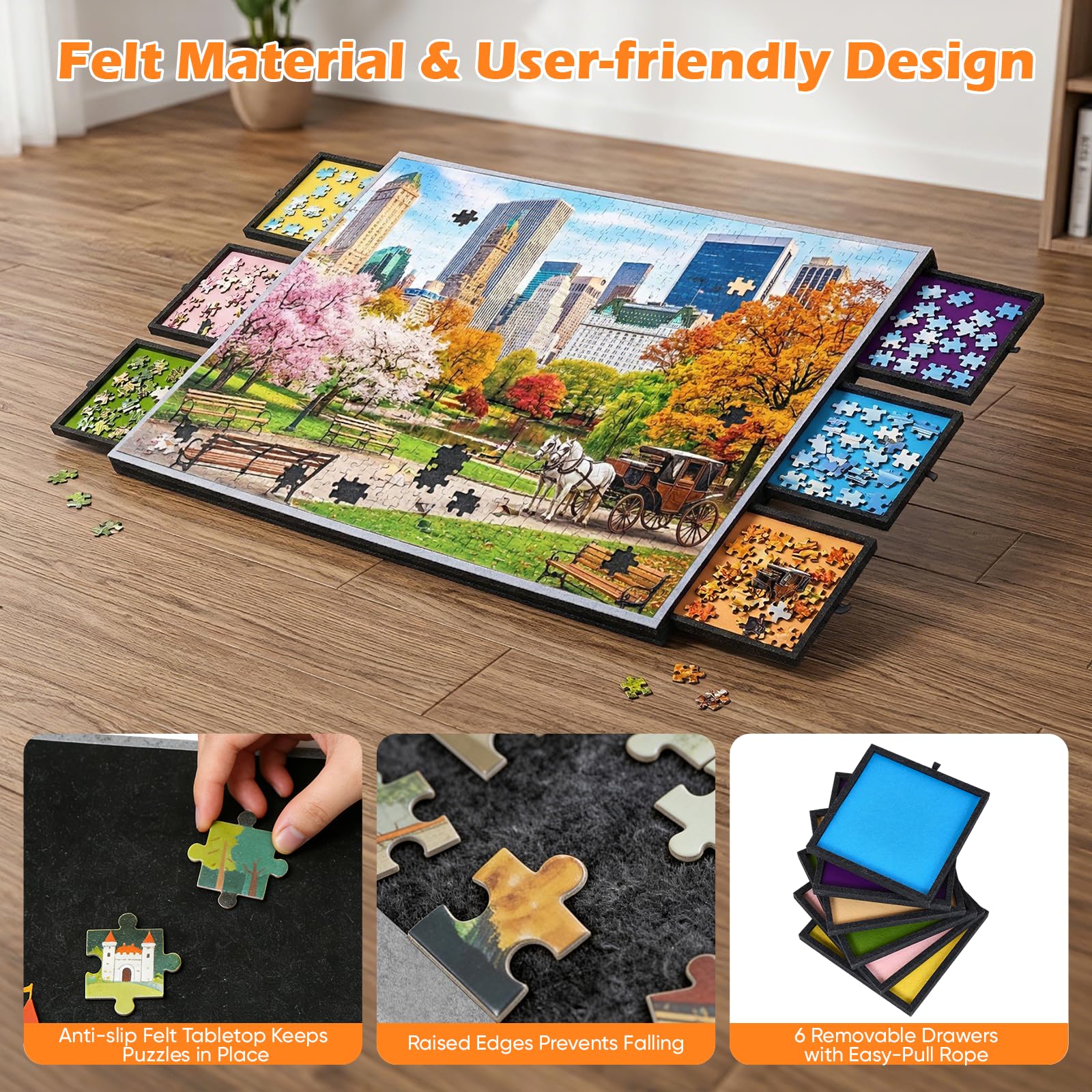 Planche Puzzle Pliable 2 en 1 avec 5 Angles d'inclinaison réglables, Table Puzzle en Feutre de 2000 pièces, 6 tiroirs Amovibles et Housse de Protection, Portable, inclinable