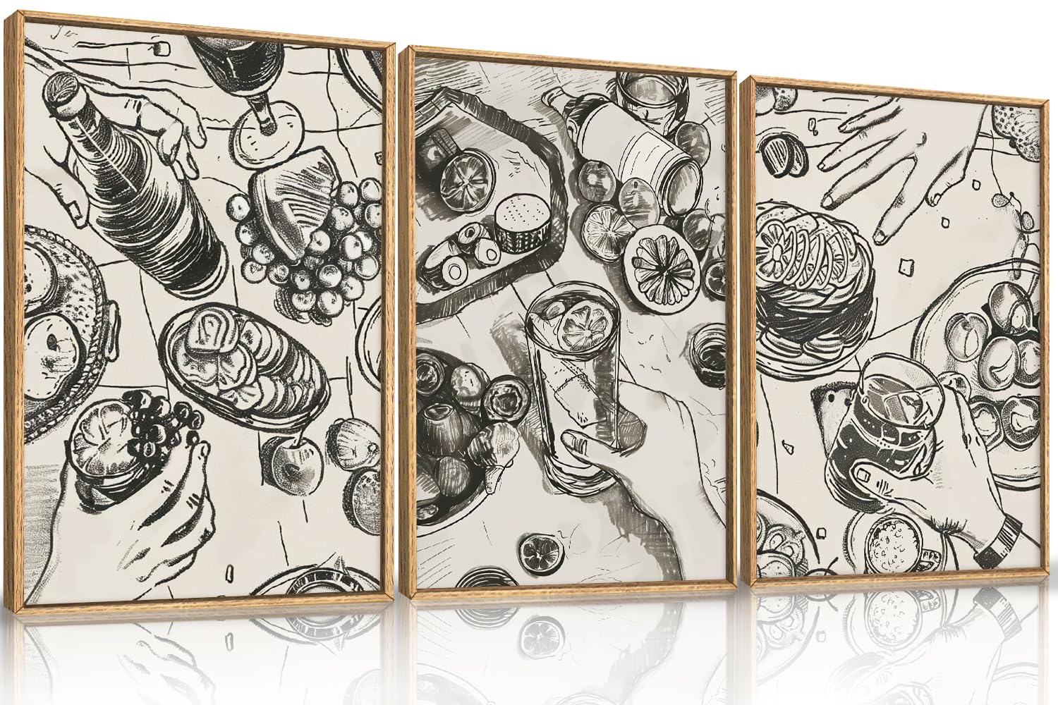 LHIUEM Large Retro Sketch Cheers Framed Canvas Wall Art,Food and Drink Wall Decor,Mid Century Gatherings Dinner Wall Painting,Abstract Black and White