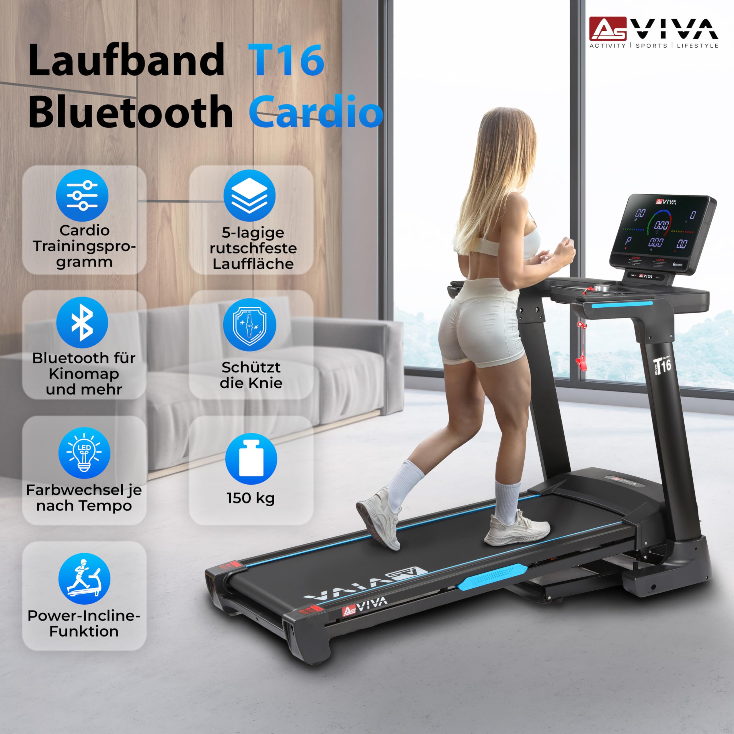 AsVIVA T16 Laufband klappbar, 18 km/h & 18% Steigung, 4 PS Motor, Bluetooth App kompatibel, induktive Ladefunktion, leise
