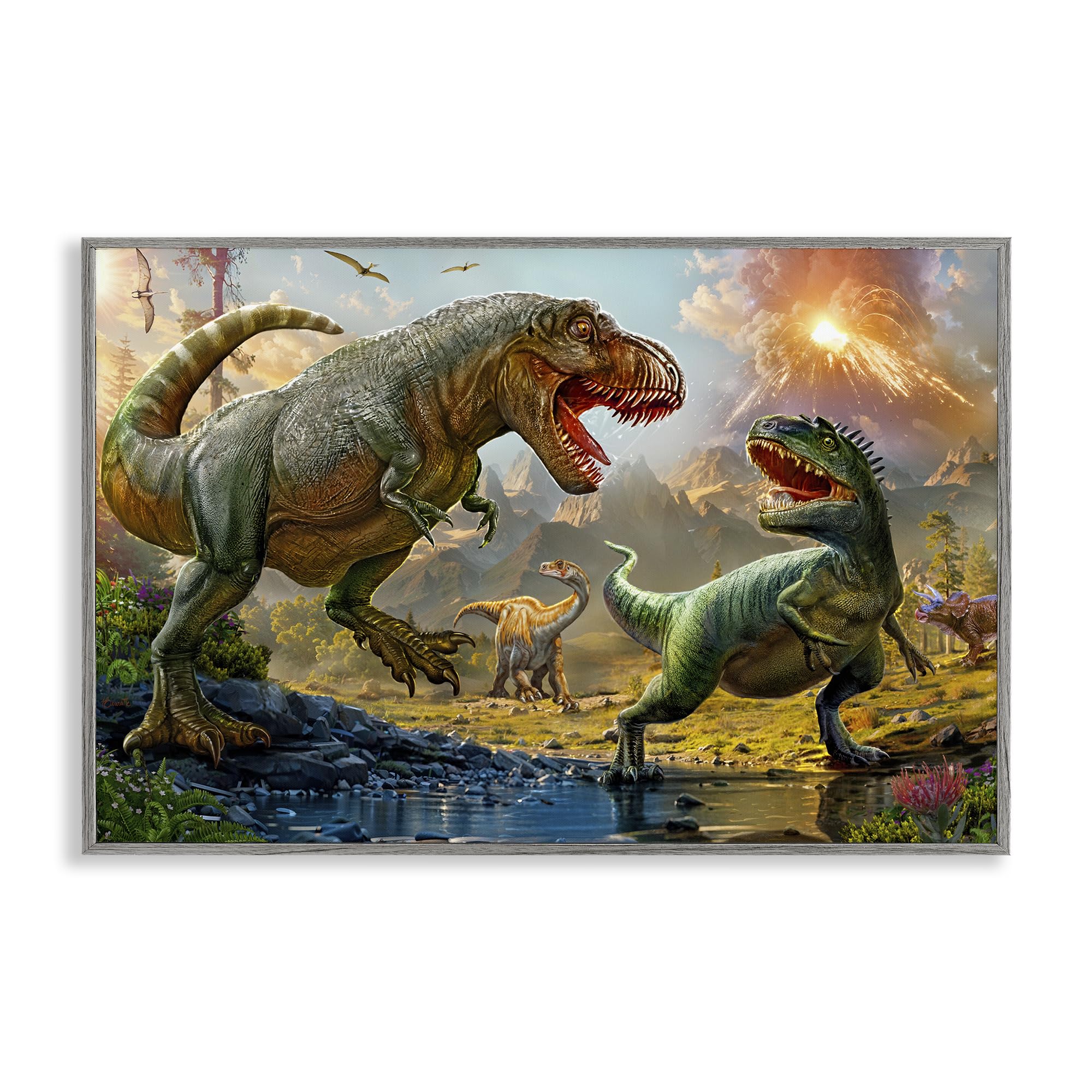 T Rex Riverbank Adventure Landscape, 16 x 24 Inch Framed Giclée Print