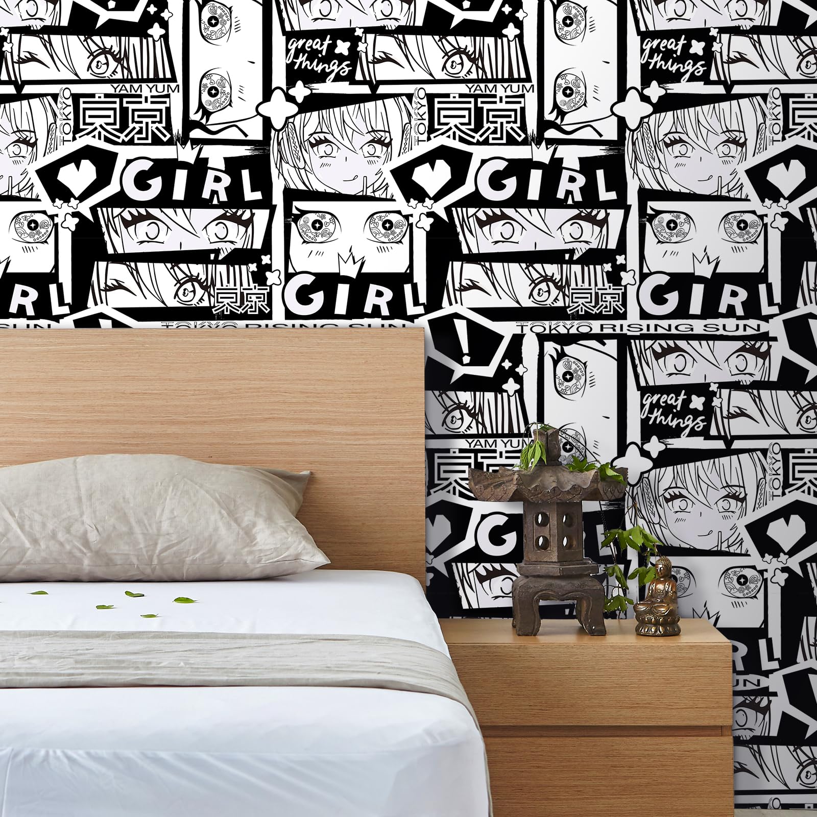 Livelynine 44,5 x 701 cm anime giapponese Peel & Stick carta da parati rimovibile per camera da letto moderna in bianco e nero graffiti murale murale affittuario amichevole carta da contatto