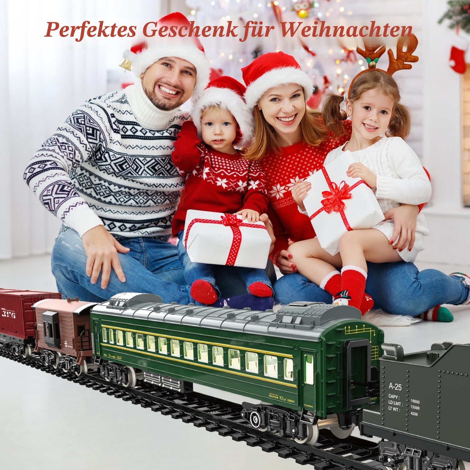 Eisenbahn Set für Kinder, Elektrische Eisenbahnspielzeuge mit Realistischen Lichtgeräuschen Rauch, Weihnachtszug Modell Geschenke, Dampflokomotive, Luxus-Schiene & 2 Leuchtende Personenwaggons