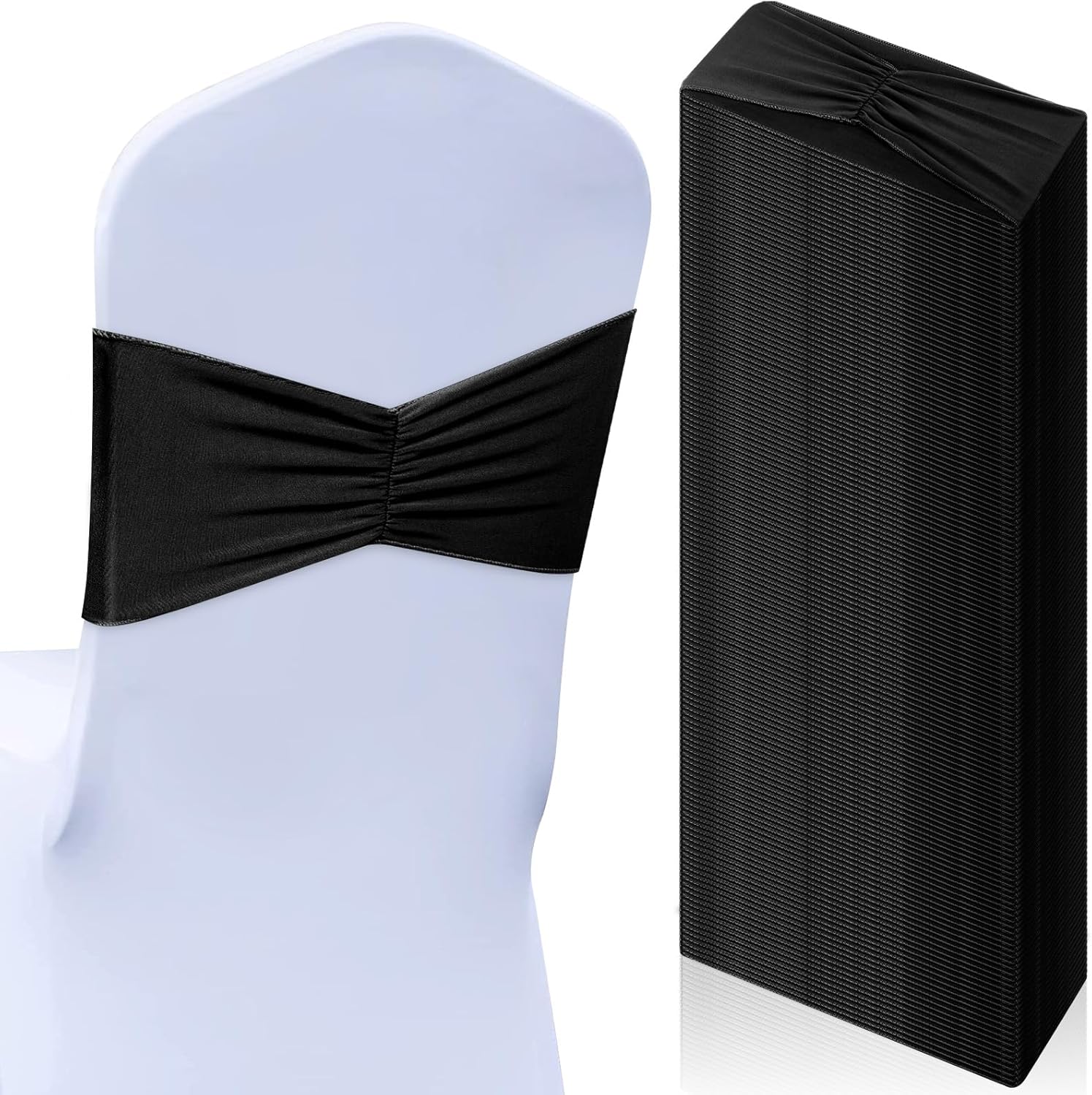 Moukeren 50 Pcs Spandex Chair Sashes Bows Stretch Chair Bands Slider Sashes Elastic Ties Ribbon Covers for Wedding Party Events Ceremony Birthday Banquet Decorations (Black)