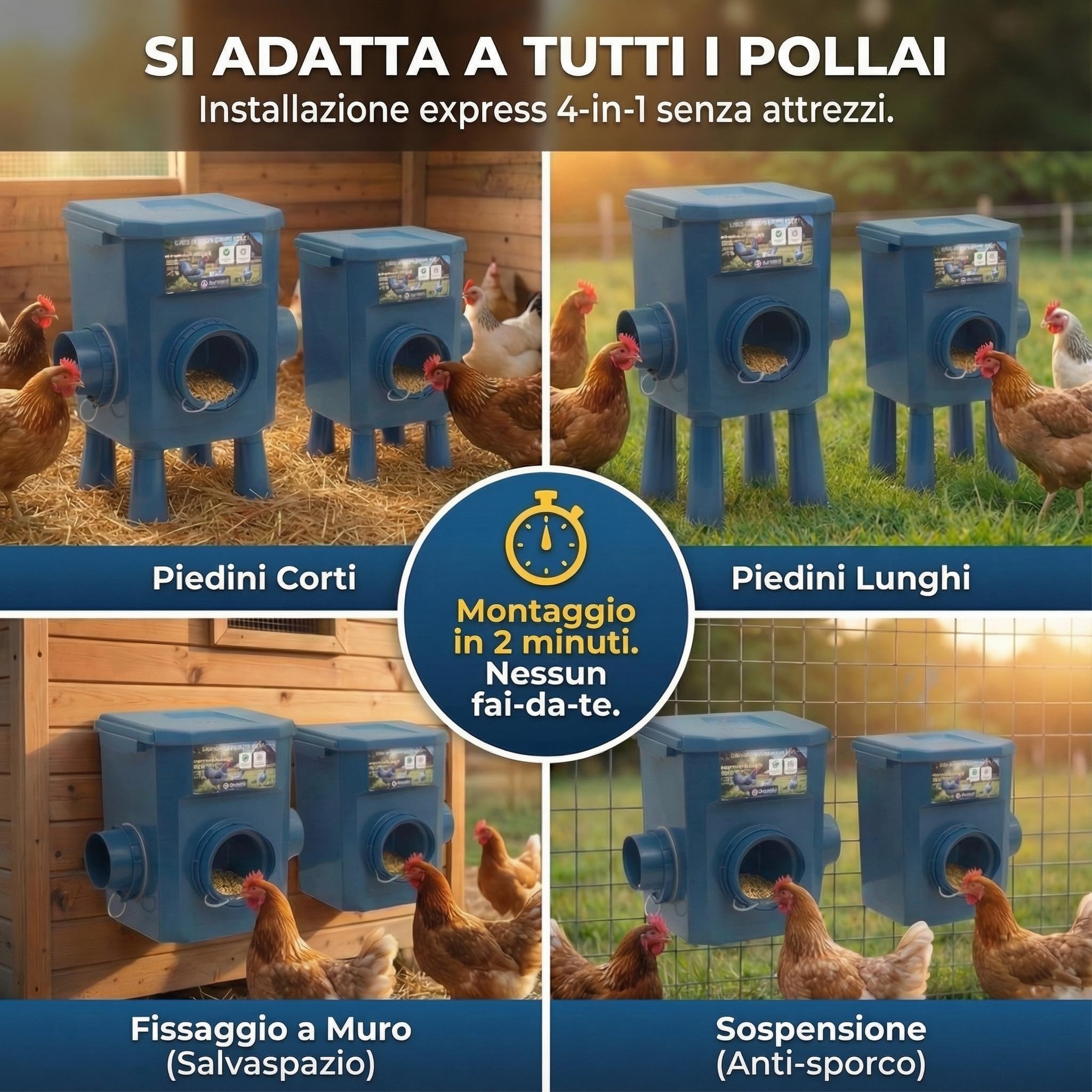 Mangiatoia per Galline 12 kg, 8 kg – Kit 2 Pezzi, Anti-spreco, 5 Porte anti-parassiti, Multi-recinti, Coperchio antipioggia, Ideale per Micro-fattorie e Allevatori amatoriali, Materiali Resistenti