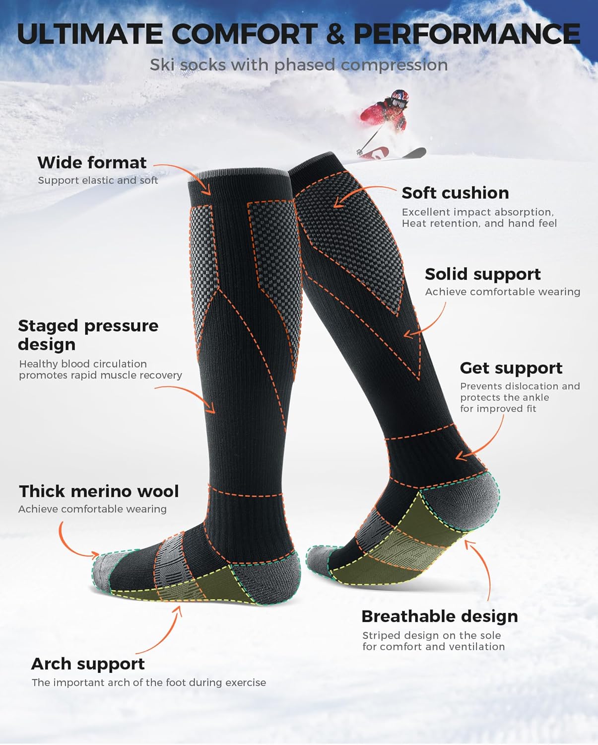 findway Merino Wool Ski Socks, 2 Pairs Thermal Knee-high Snowboarding Snow Winter Warm Socks for Men Women - Image 4