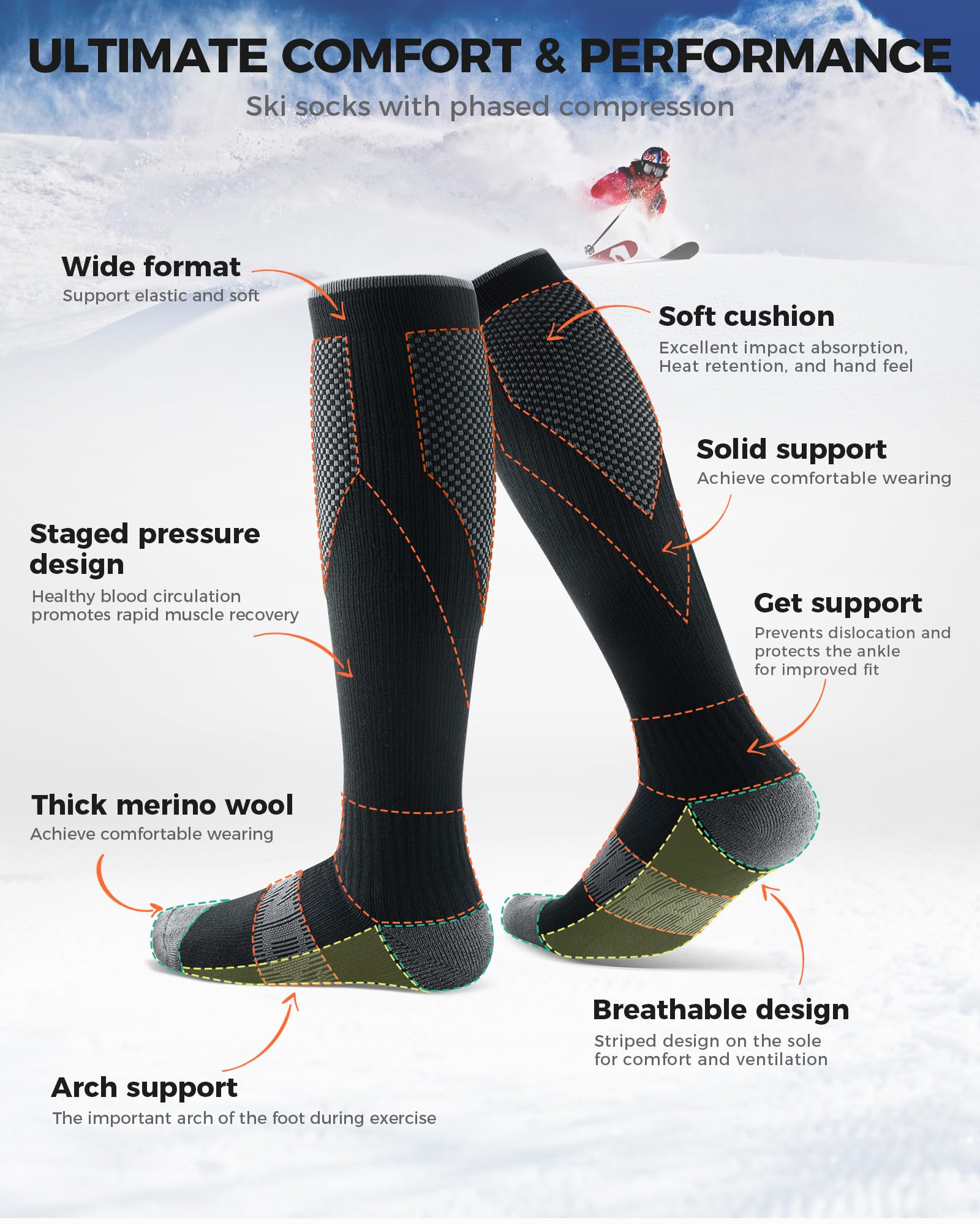 findway Lot de 2 paires de chaussettes de ski thermiques en laine mérinos pour le snowboard et l'hiver - Chaussettes chaudes pour homme et femme