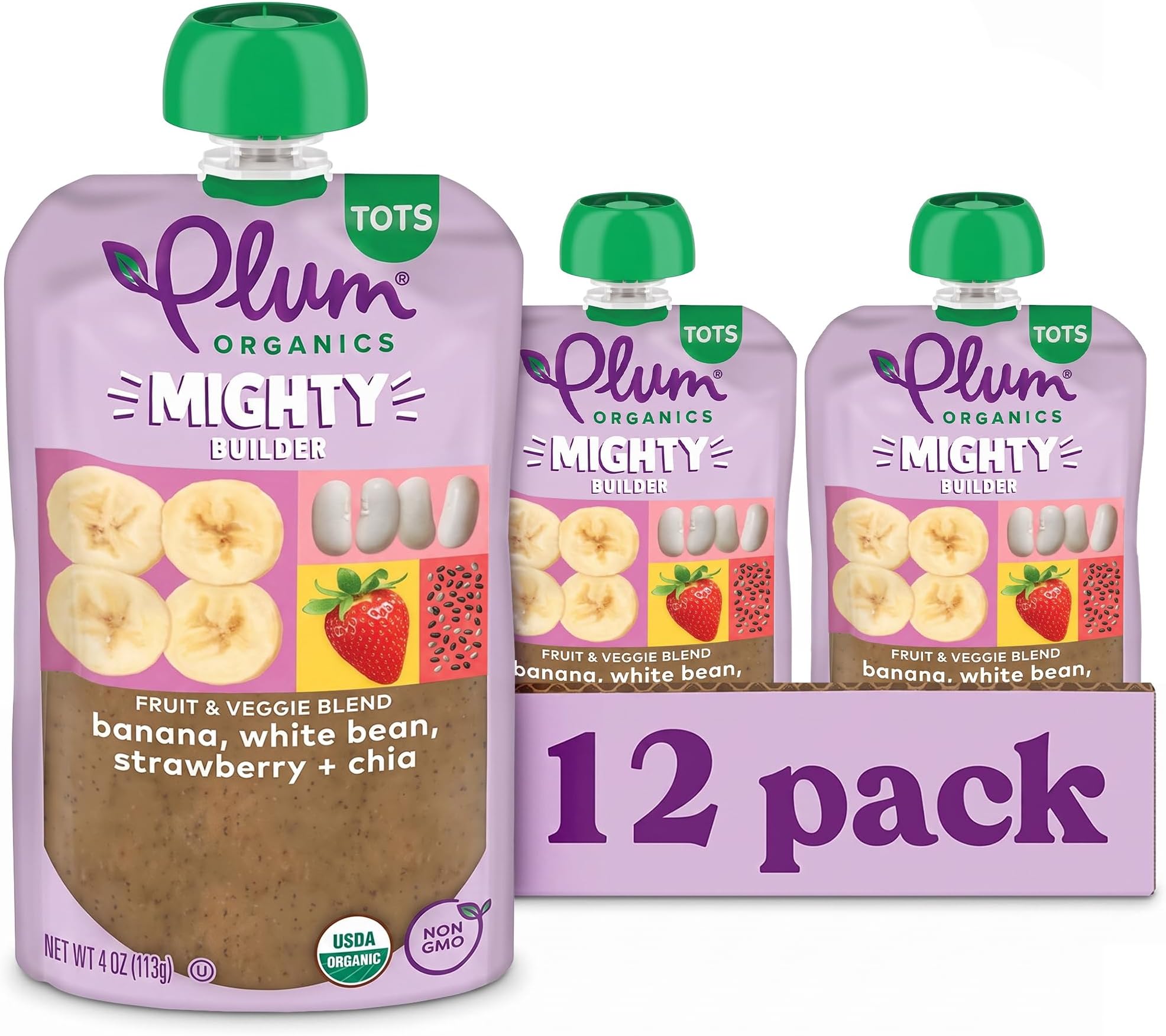 Plum Organics - +12 Months Organic Baby Food - Banana, White Bean, Strawberry & Chia - Non-GMO - On-The-Go Pouches for Baby & Toddler Meals - Quality Tested Ingredients - 4 oz (Pack Of 12)