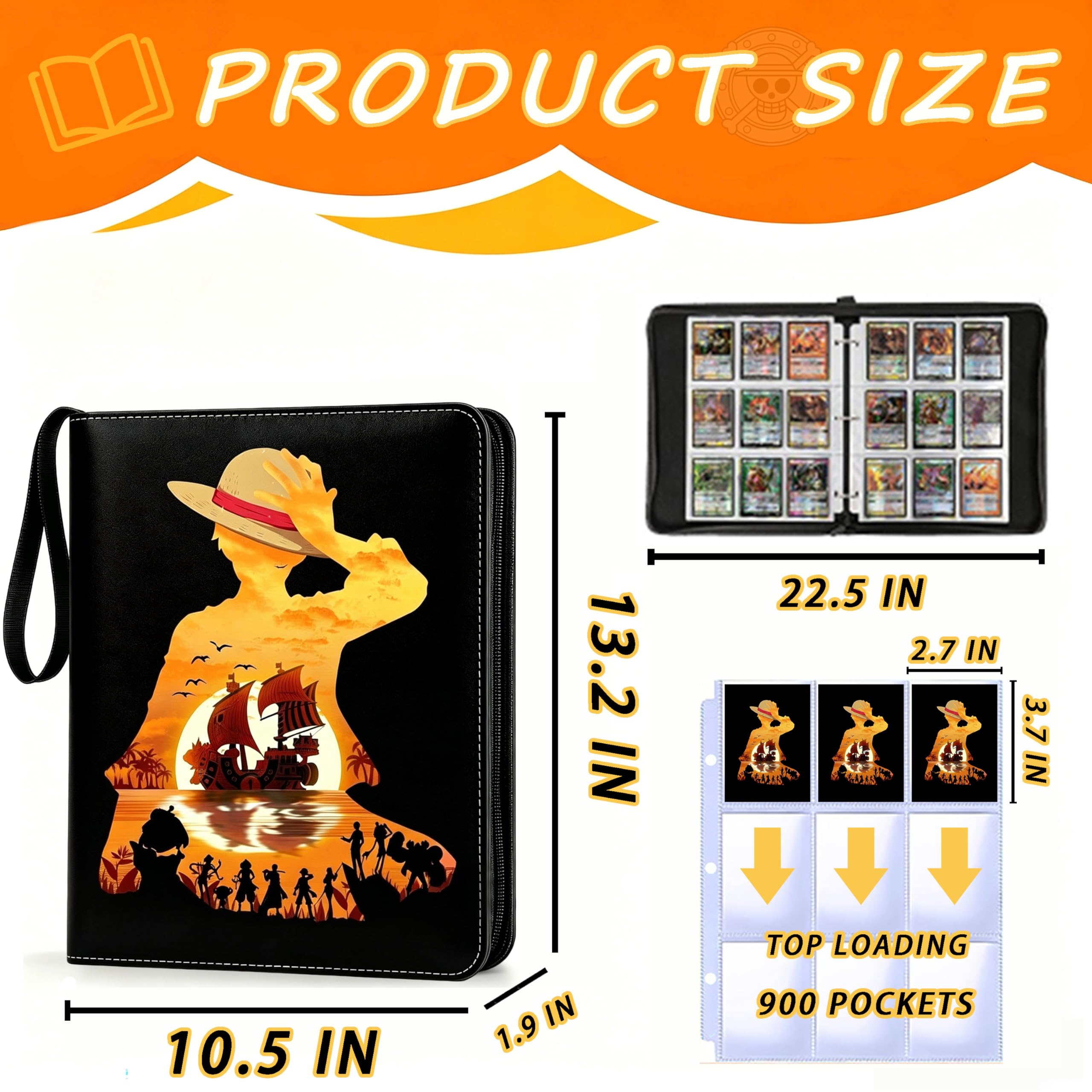 900 Taschen Sammelkartenbinder für One Piece Karten, 3 Ring Zipper Card Binder mit 50 abnehmbaren 9 Pocket Sleeves, Wasserdichtes Kartenalbum für TCG, MTG, Sport & Anime Karten, Kartenhalter in