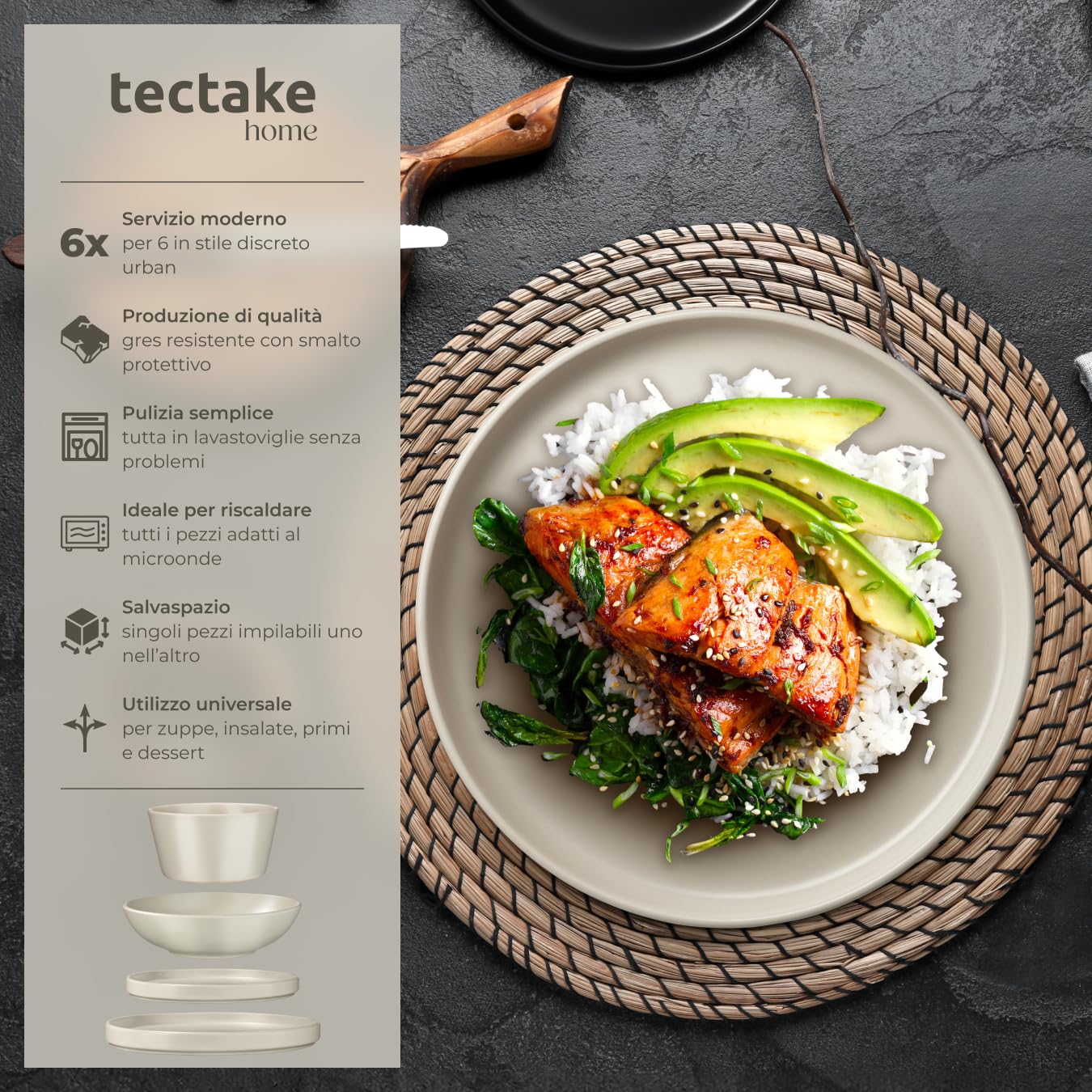 tectake® Set stoviglie 24 pezzi terracotta, servizio piatti 6 persone, set piatti moderni grandi, piccoli, fondi, ciotole, gres smaltato, design moderno, adatto lavastoviglie microonde - Tortora