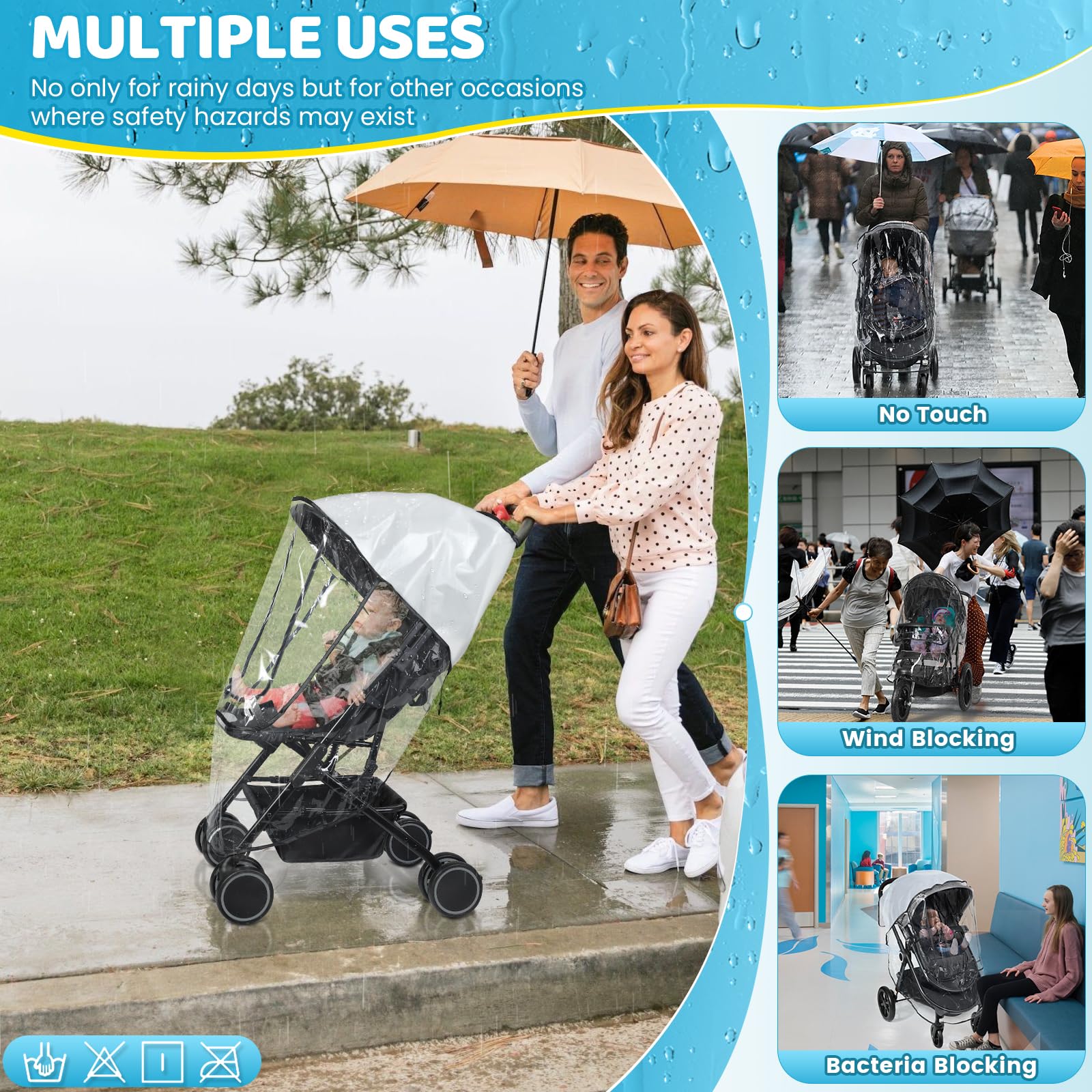 Funda impermeable universal transparente para cochecito, sin cremallera, EVA de grado alimenticio y PVC esmerilado, protector de clima para viajes de bebé, cubierta de lluvia transpirable para la
