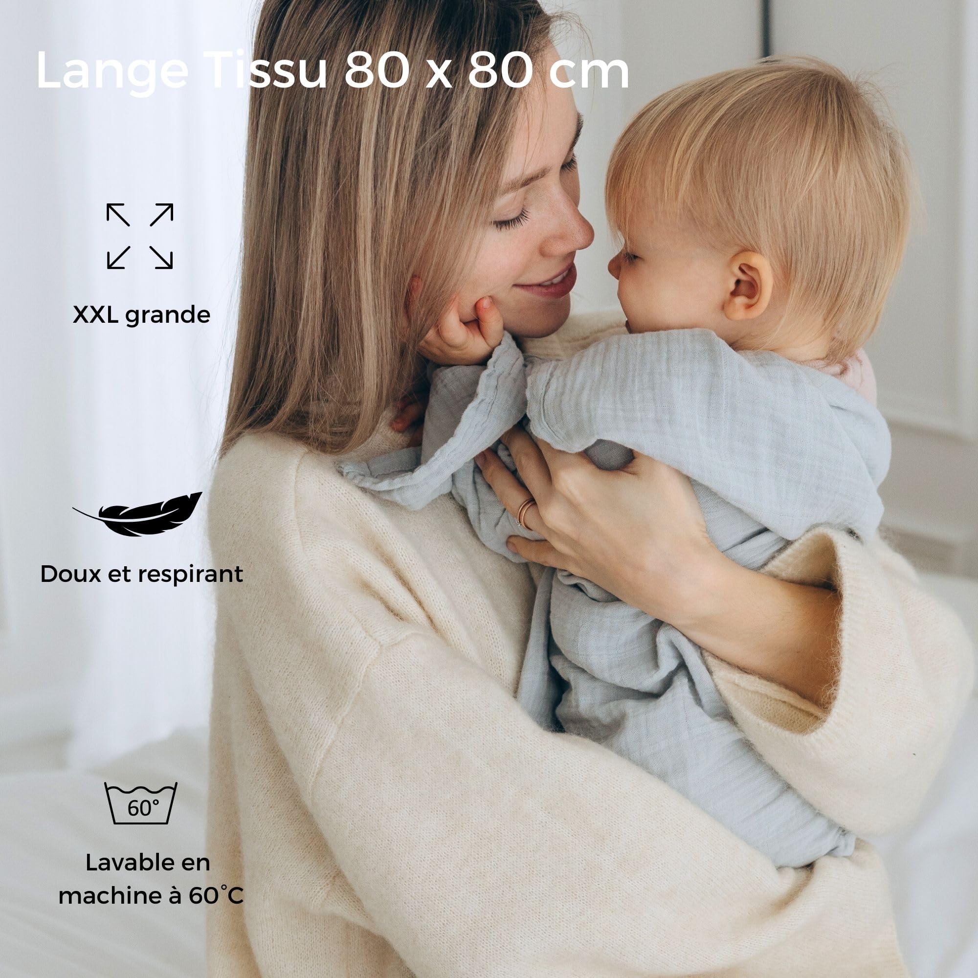 Lange Bebe 80x80 cm, Mousseline (très Doux) en Coton Biologique (Oeko TEX 100 + GOTS) | Langes Coton bébé, Mousselines emmaillotage Bebe - Lavable à 60° (Nature)