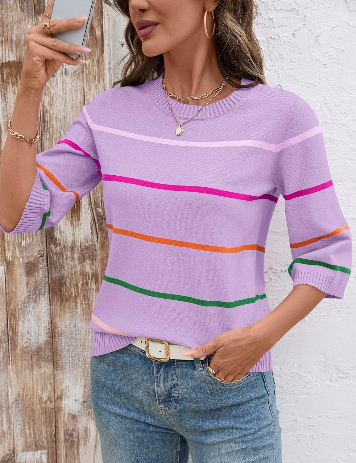 LOMON Womens Sweaters Casual Fall 2025 Crew Neck Striped 3/4 Sleeve Lightweight Knit Trendy Pullover Sweater Tops S-XL - Image 3