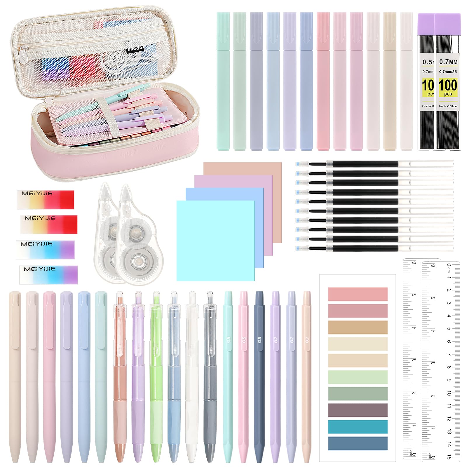 MoKo 56 PCS Aesthetic School Supplies with Pencil Pouch, Cute Stationery Set for Students Office, 12 Gel Pens, 12 Pastel Highlighters, 6 Mechanical Pencils 0.5 & 0.7mm, Sticky Note Index Tab (Pink)