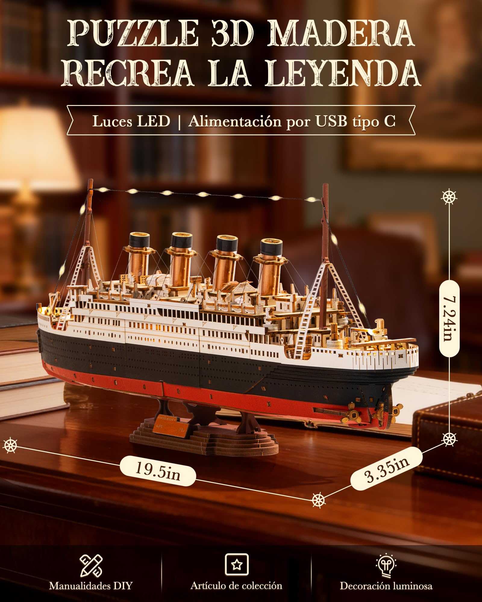 ROBOTIME Rompecabezas 3D de madera 1912 Eternal Atlantic Voyager, kit de modelo para adultos para construir, decoración del hogar, regalos artesanales para adultos y niños