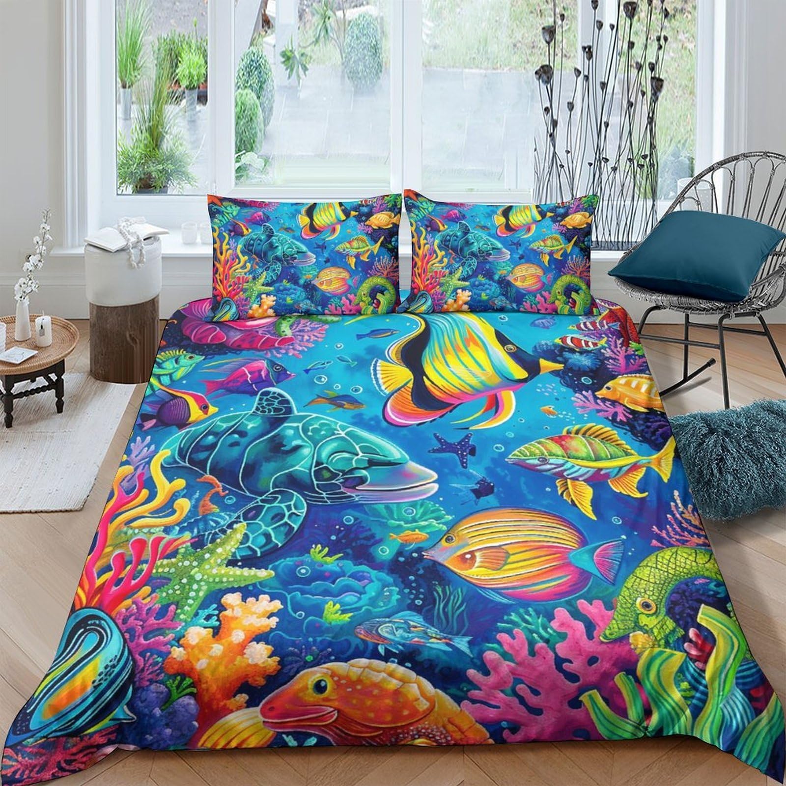 Ctjqhvkz Style-3 3D Printed Ocean Reef Fitted Sheet Microfiber Soft Underwater Fish Bed Cover For Bedroom Guest Room Mattress Decor Single（135X200cm）